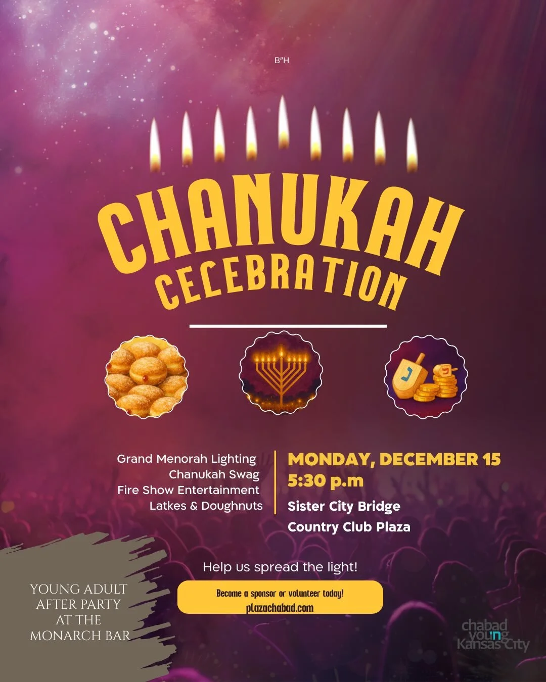 Chanukah 2025 is going to be lit!  Plaza Menorah Lighting🎉 Young Adult Chanukah Party at Happy Tree🎉 #plazachabad #lightupkc