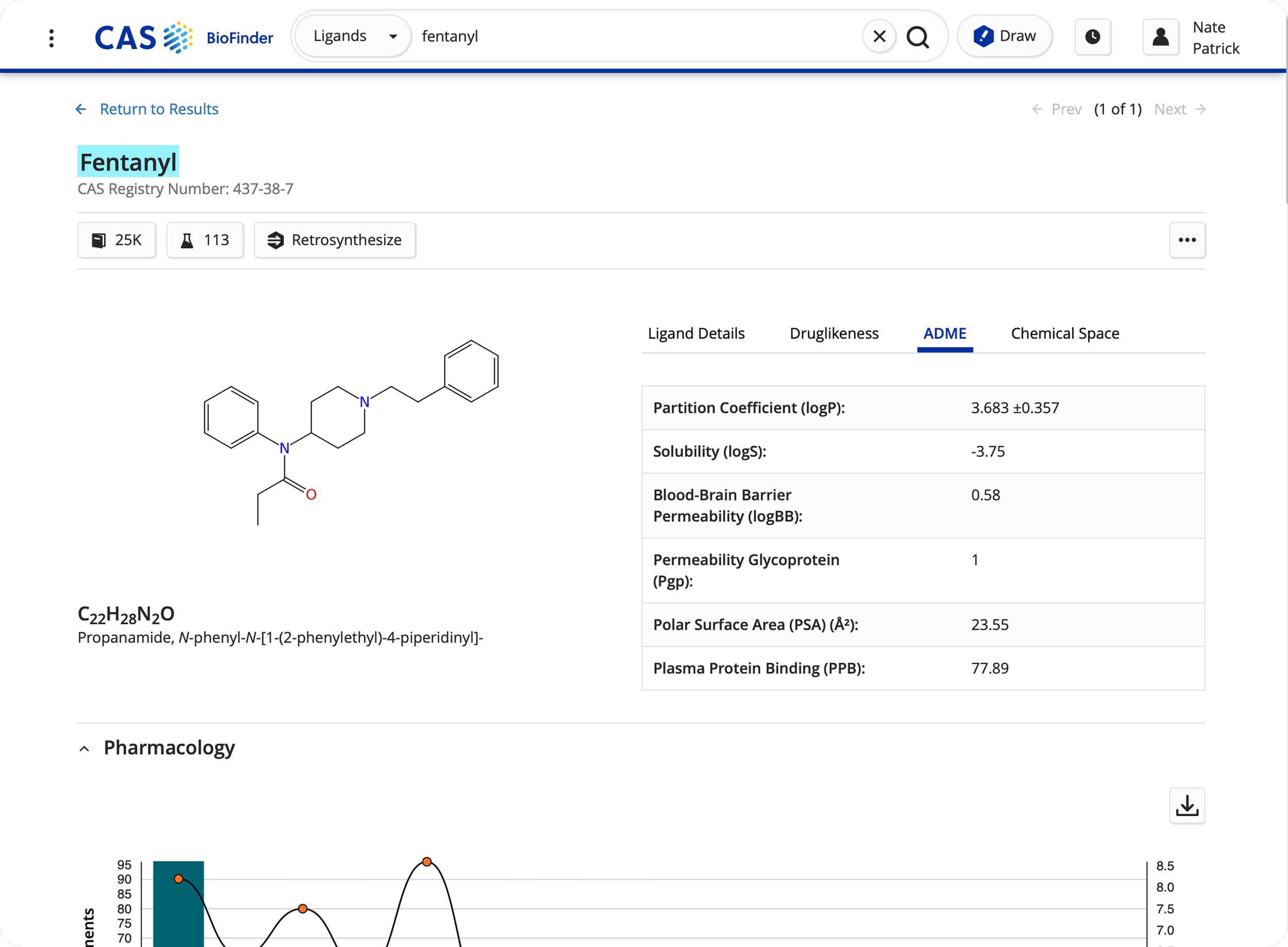 Screenshot of a digital database page showing information about the drug fentanyl. It includes a chemical structure, molecular formula, CAS number, and various pharmacological details and parameters.