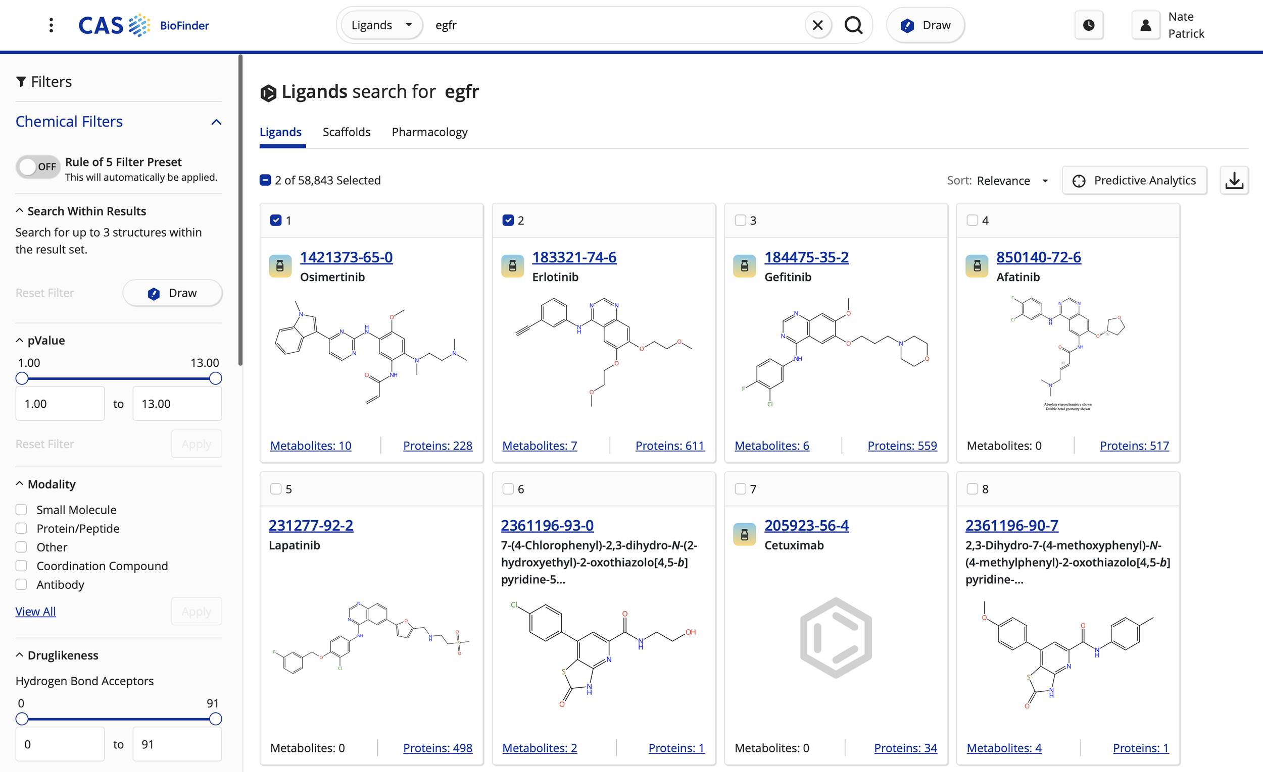 Screenshot of the CAS BioFinder website search results for ligands related to 'egfr', showing a grid of chemical structures with their labels, such as Osimertinib, Erlotinib, Gefitinib, Afatinib, Lapatinib, Cetuximab, and others, each with their chemical information, molecular structures, and protein counts.