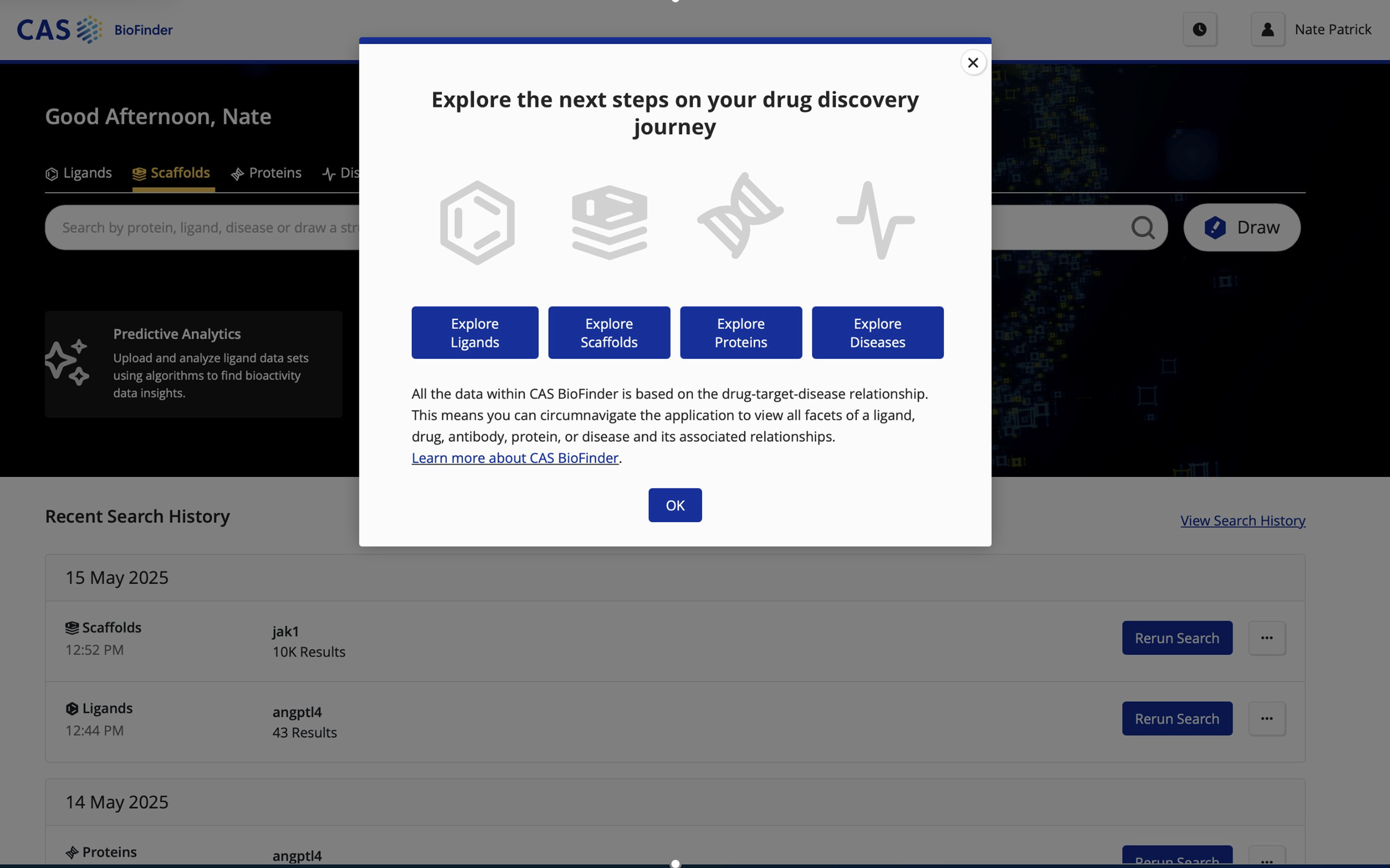 Pop-up window on CAS BioFinder webpage with options to explore ligands, scaffolds, proteins, and diseases, and a message explaining the platform's data on drug-target-disease relationships.
