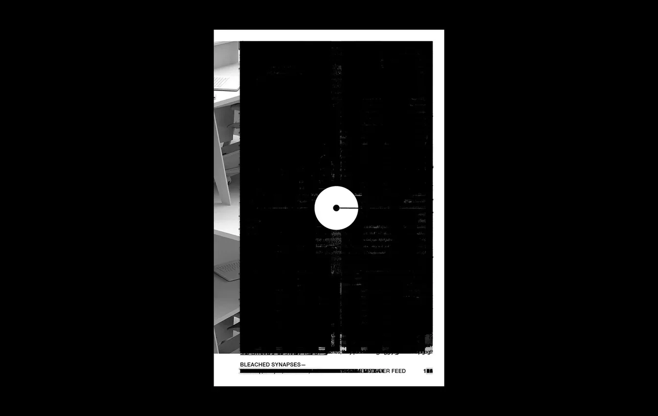 Black and white abstract image with central white circle, black line extending from the circle's center, text at the bottom that reads 'Bleached Synapses' and some graphical elements.