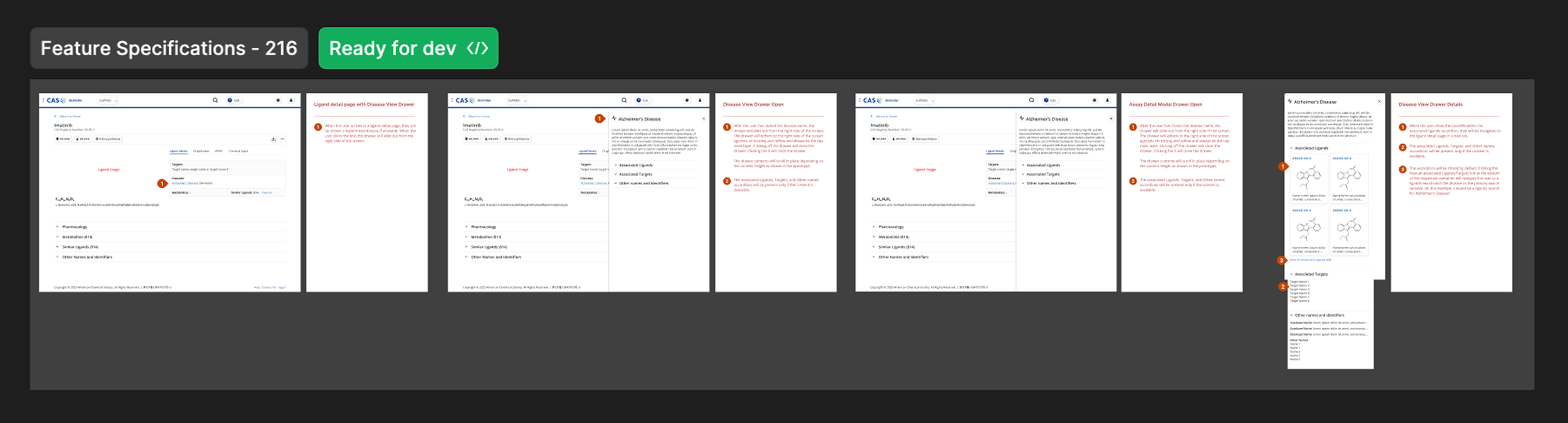 Preview screenshots of a web page discussing Alzheimer's disease, including sections on disease details, view drawers, and associated legends with numbered annotations.
