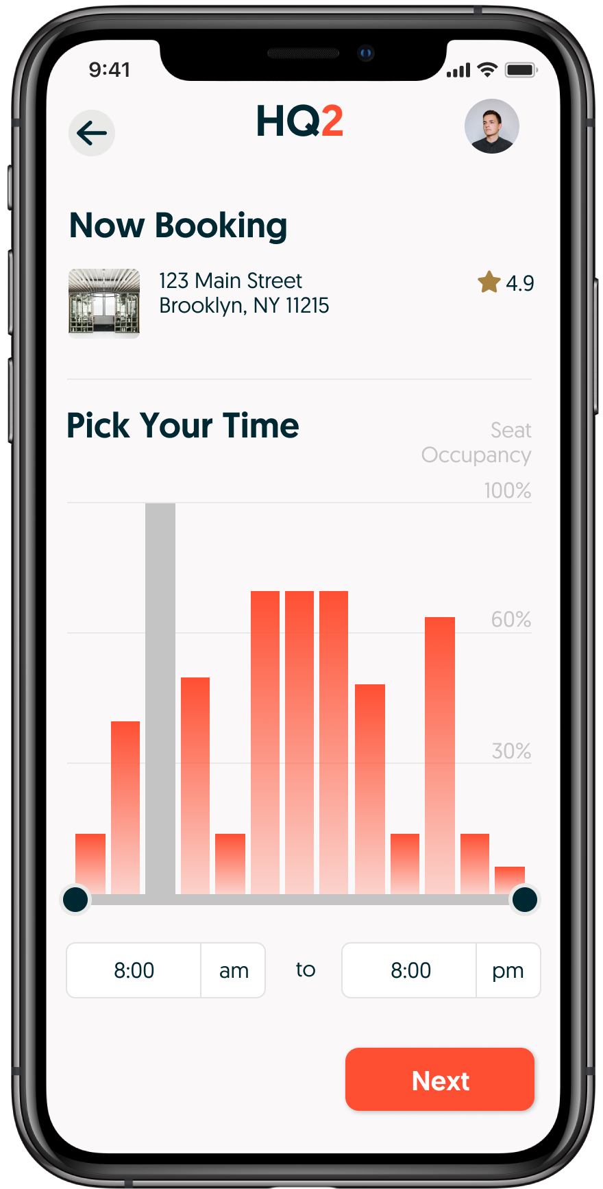 A mobile app screen showing a booking interface for a location at 123 Main Street, Brooklyn, NY 11215, with a 4.9-star rating. The interface features a graph for selecting a time slot from 8:00 am to 8:00 pm, with the current selection highlighted, and a red 'Next' button at the bottom.