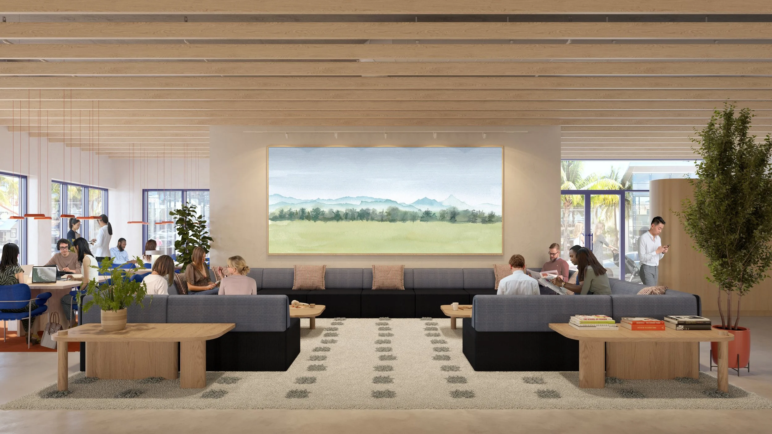 Modern hotel lobby with seating area, people using laptops and reading newspapers, large landscape painting on the wall, potted plants, and wooden ceiling beams.