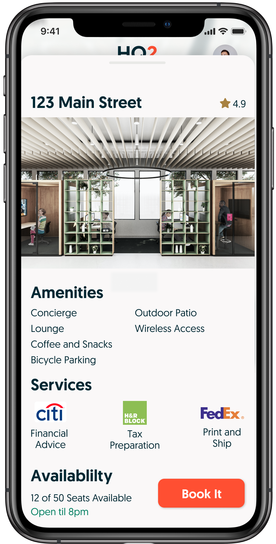 A mobile app displaying a directory for 123 Main Street, showing amenities like concierge, lounge, coffee and snacks, bicycle parking, outdoor patio, and wireless access, along with services such as financial advice, tax preparation, and print and ship, including availability details and a booking button.