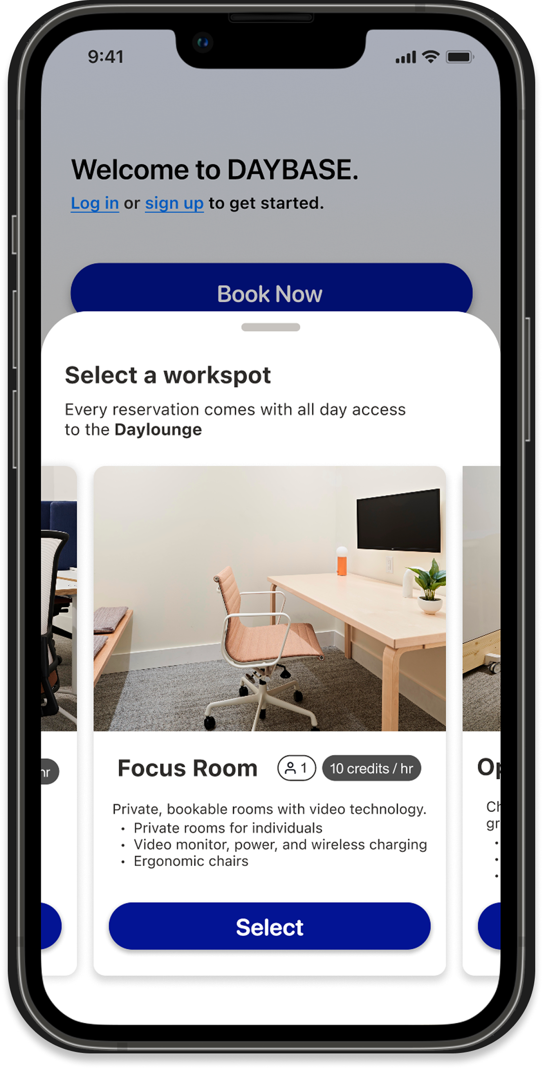 Mobile screen showing a booking app with a section for selecting a workspace, featuring an image of a private office with a chair, desk, and a wall-mounted monitor.