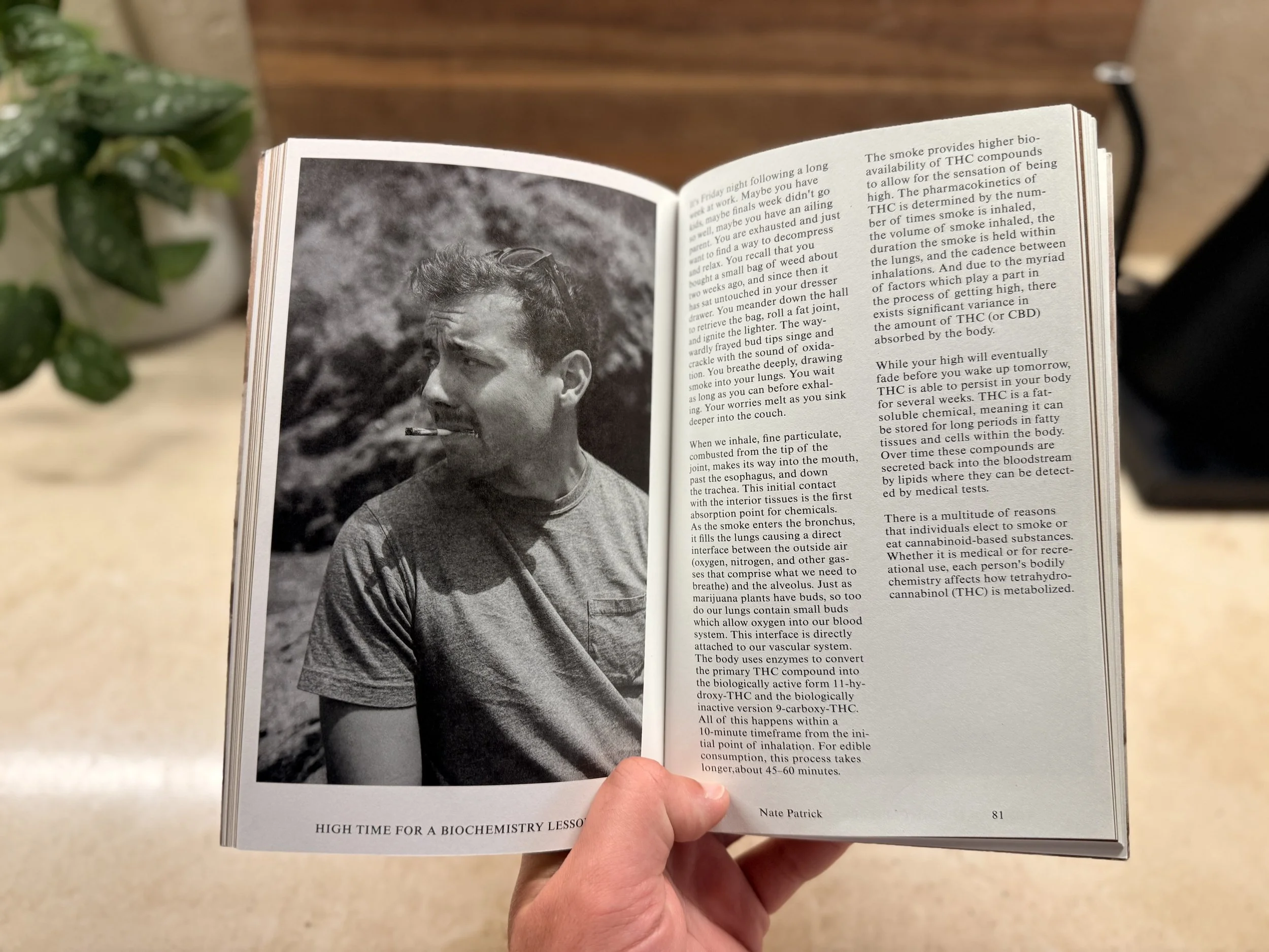 Open book showing a black-and-white photo of a young man with sunglasses resting on his head, smoking a cigarette outdoors. The book contains text about biochemistry and THC, with the caption 'High time for a biochemistry lesson' at the bottom of the left page.