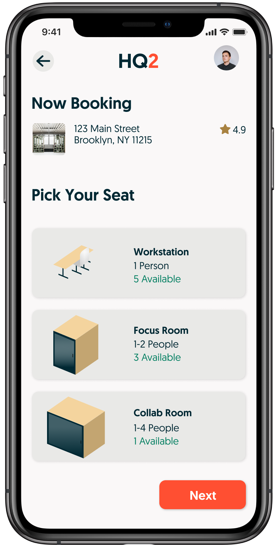 Mobile app screen showing a room booking interface with location, rating, and available seating options including workstation, focus room, and collaboration room.