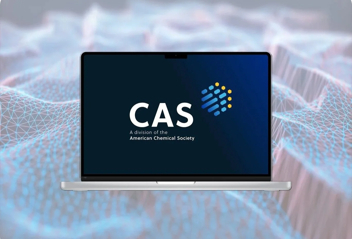 A laptop displaying the logo of the American Chemical Society, with a digital background of interconnected lines and nodes.