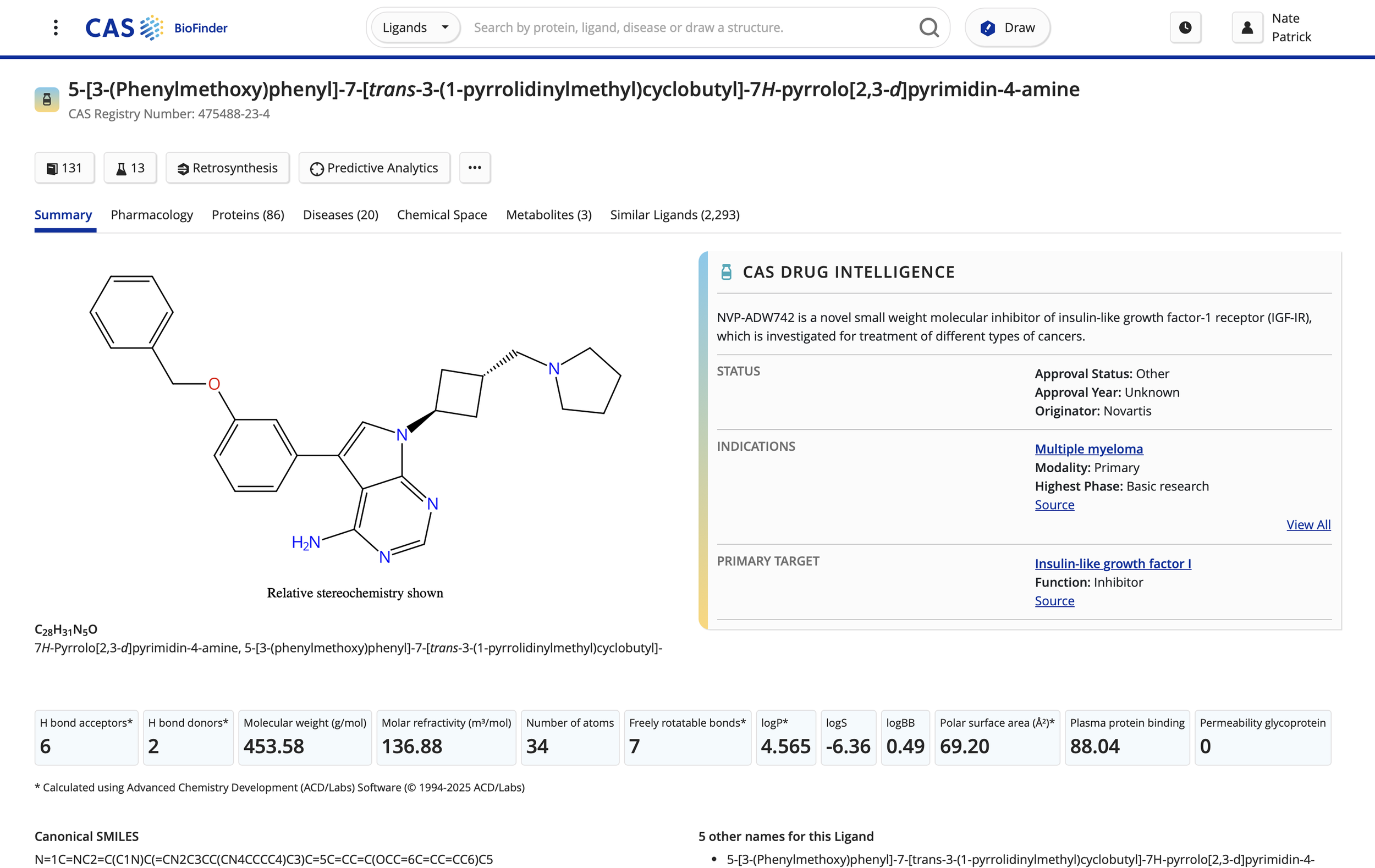 Chemical structure diagram of the compound 5-[3-(Phenylmethoxy)phenyl]-7-[trans-3-(1-pyrrolidiny methyl)cyclobutyl]-7H-pyrrolo[2,3-d]pyrimidin-4-amine, with molecular details and drug information on the right side of the image.