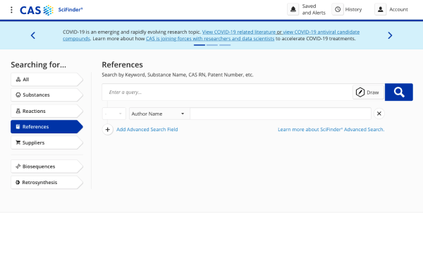 Screenshot of the CAS SciFinder website showing search options and filters for references, including keywords, substance name, CAS RN, and patent number, with a blue navigation bar and search button.