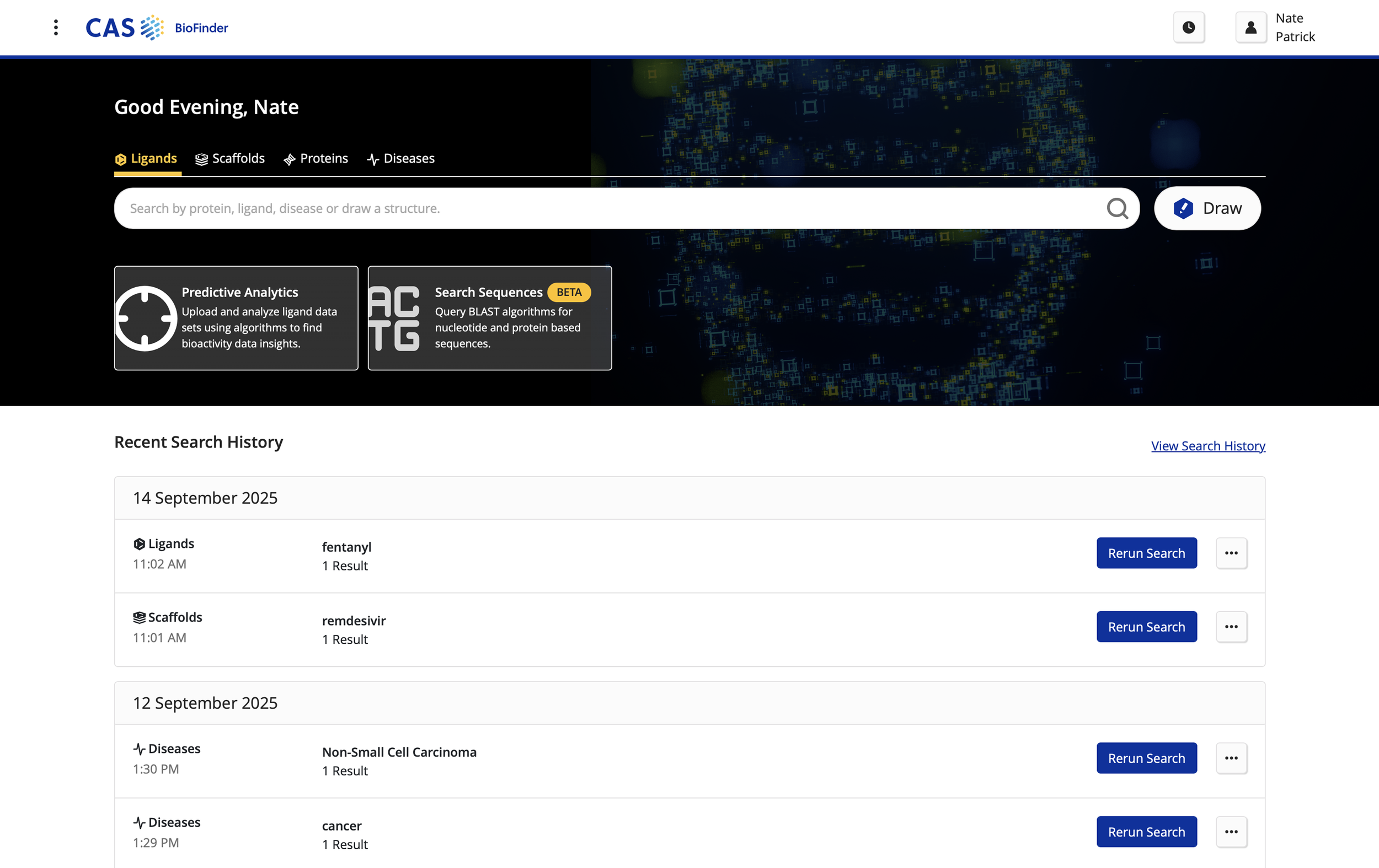 Screenshot of the CAS BioFinder website homepage. The top left displays the CAS BioFinder logo. The text says 'Good Evening, Nate' and a navigation menu includes 'Ligands,' 'Scaffolds,' 'Proteins,' and 'Diseases.' Search bar and draw button are visible. The page shows recent search history related to ligands, scaffolds, and diseases with options to rerun searches.