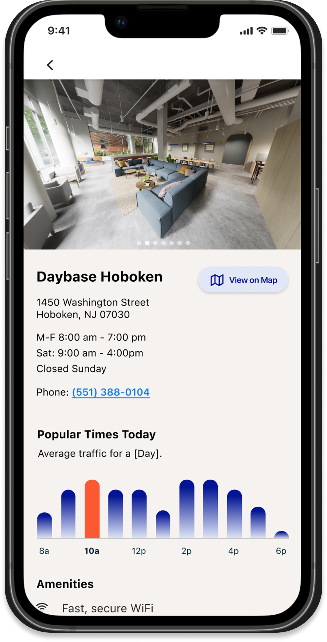 Smartphone displaying a webpage for Daybase Hoboken, showing an interior photo of a modern, well-lit lounge with sofas, chairs, and tables, as well as business hours, location, contact info, traffic patterns, and amenities.