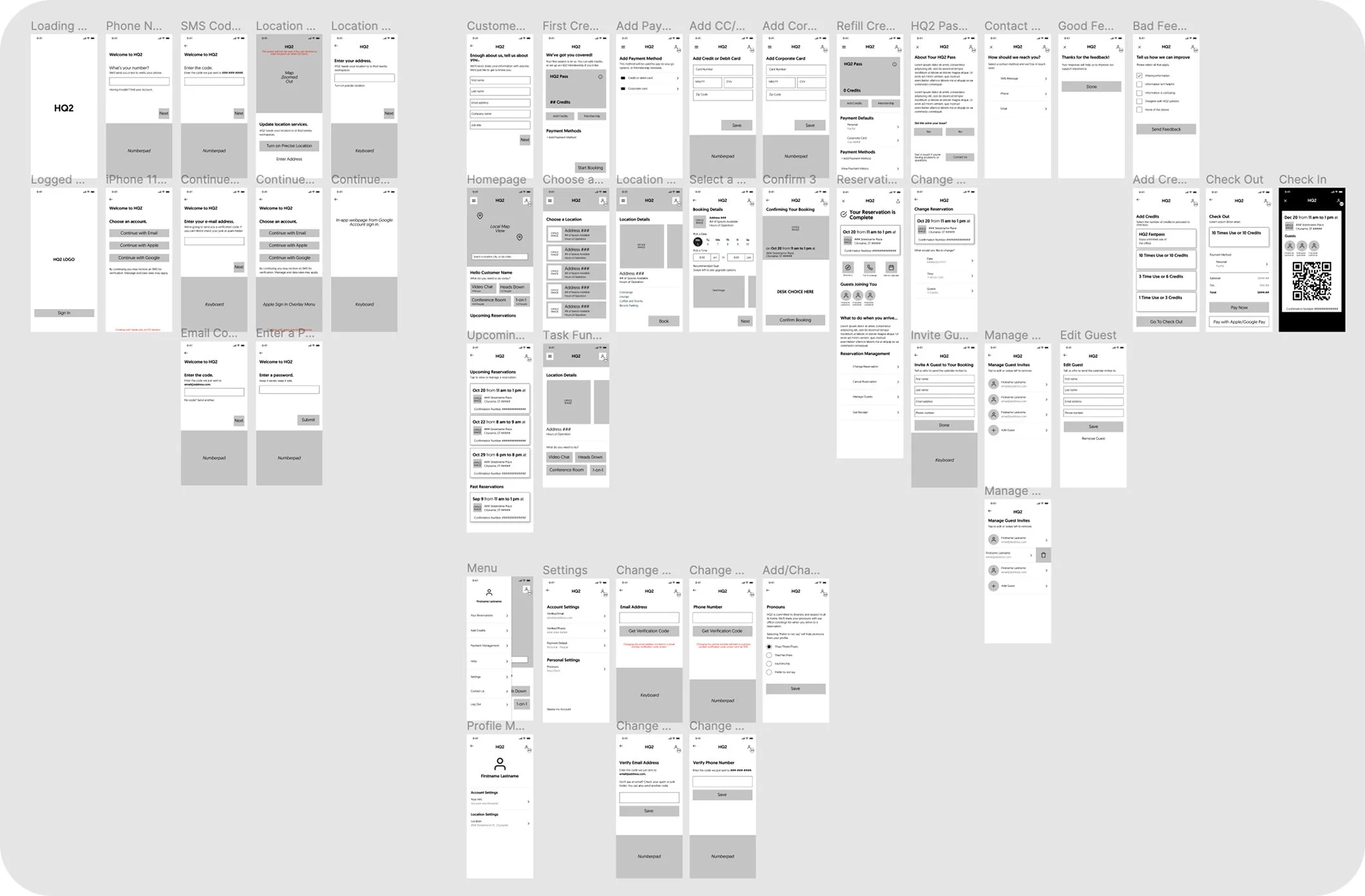 A series of mobile app screens for a booking and management application, showing login, registration, booking, guest management, and profile editing features.