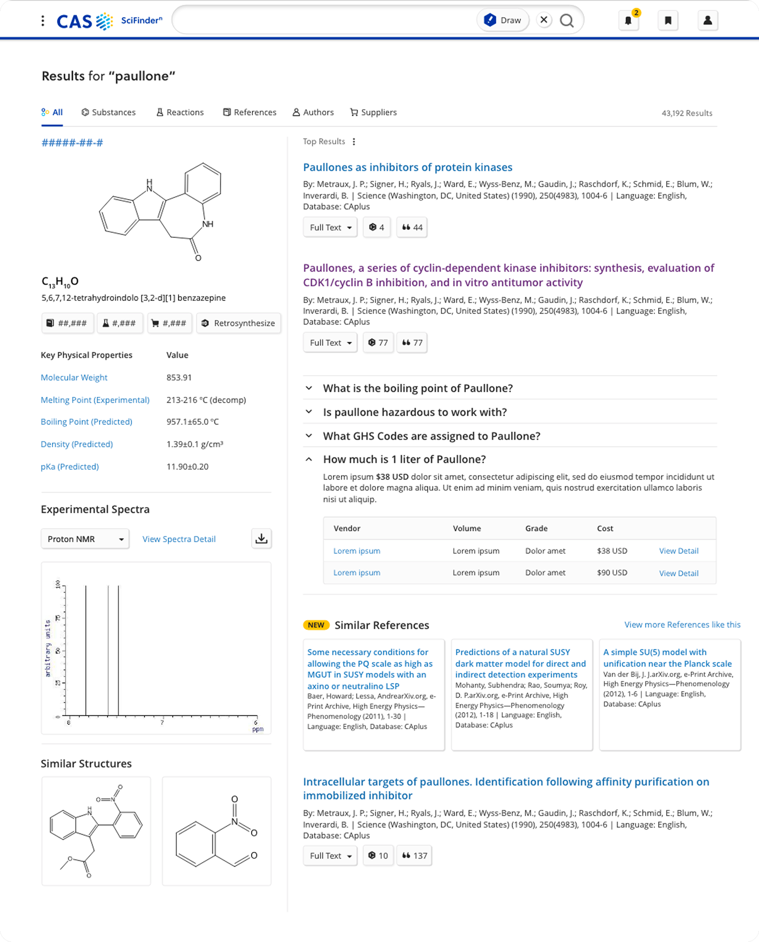 Screenshot of a scientific database webpage showing search results for 'paullone.' The page includes chemical structure, physical properties, experimental spectra, similar references, and related structures.
