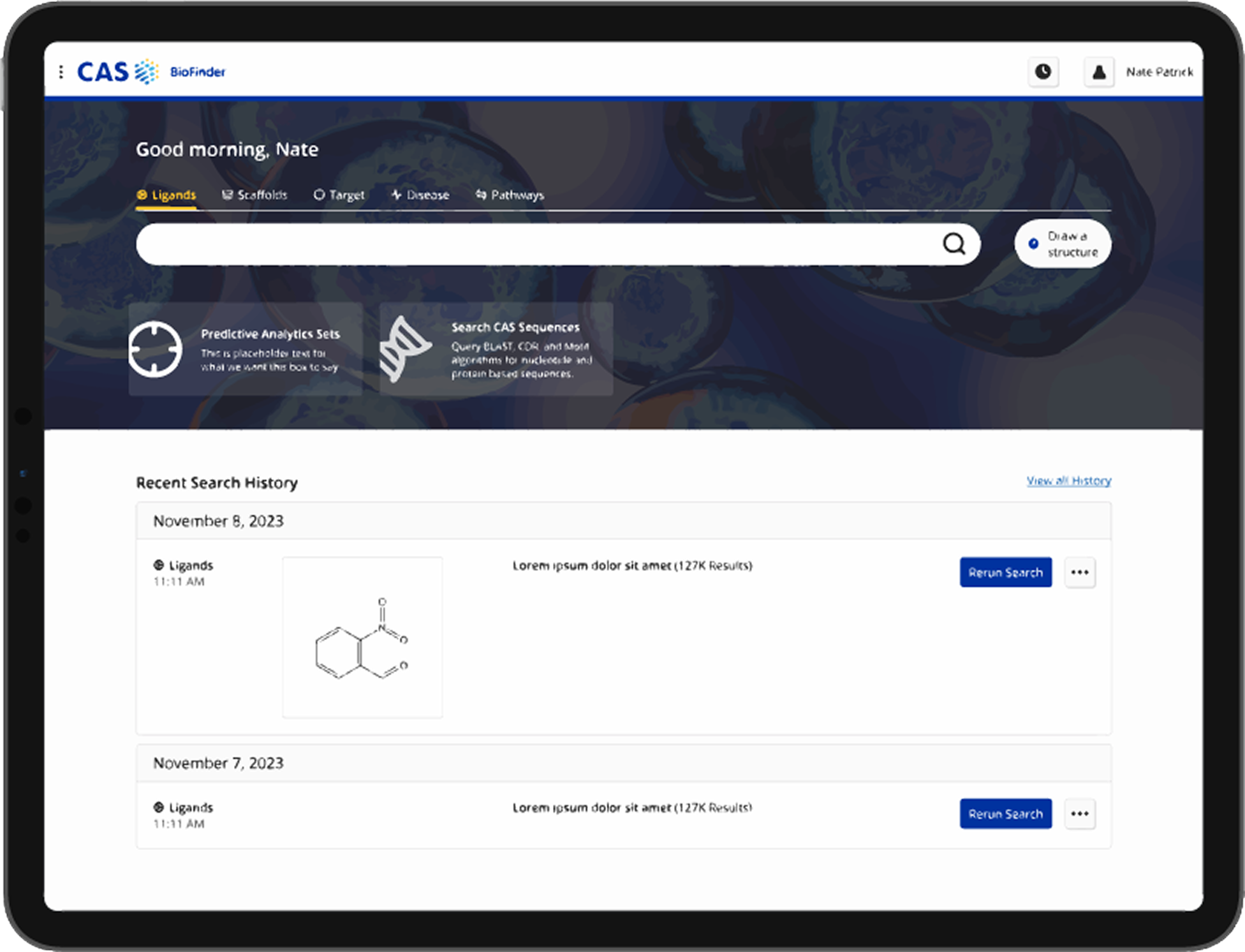 Screenshot of a bioinformatics web application named CAS BioFinder, showing a welcome message, search bar, various options, recent search history, and a molecular structure diagram for a chemical compound.