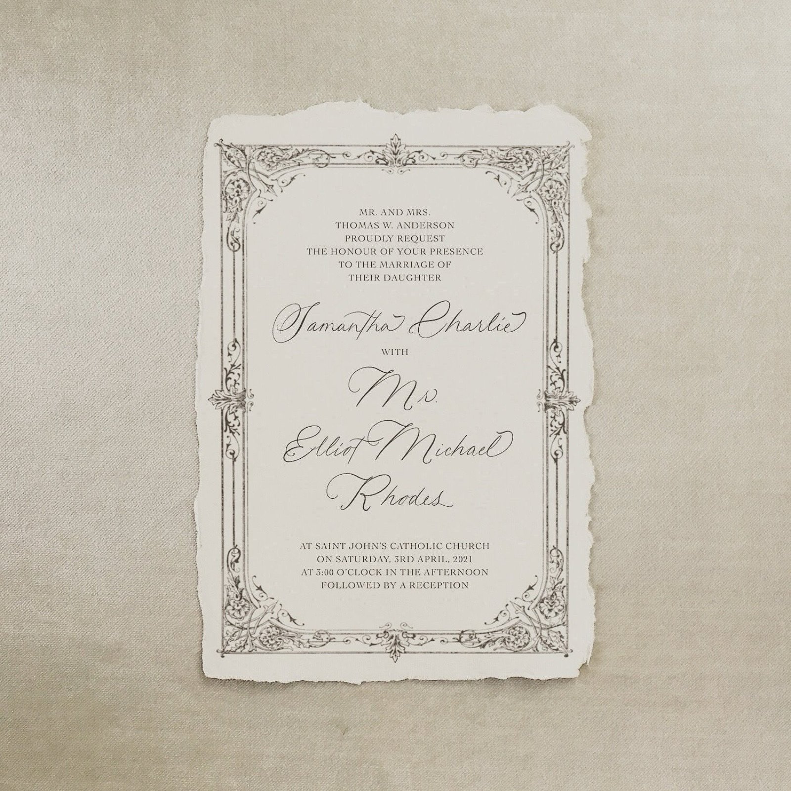A European-inspired, old-world wedding invitation on handmade paper. We used a flat printing method for this beautiful creation. The vintage intricate border pulls in the lovely handwritten calligraphy and organic deckled edges. 🖤