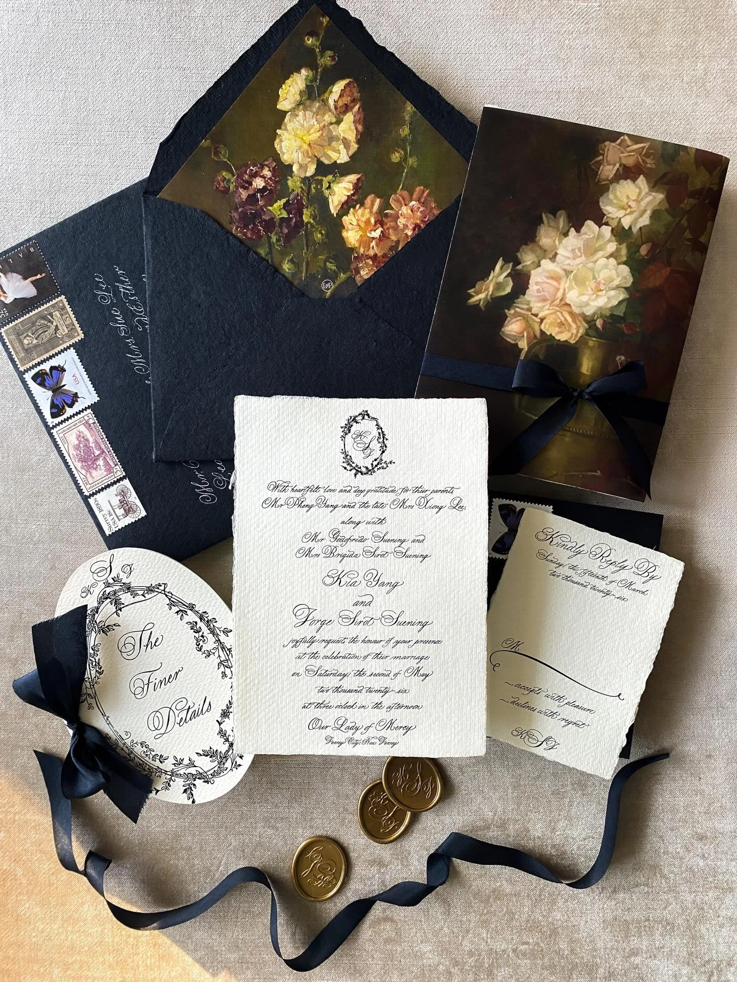 This suite began with a simple idea:
an invitation should feel as meaningful years later as it does the day it&rsquo;s opened.

Handmade cotton paper, solid black foil letterpress, vintage postage, and ink written by hand &mdash; layered with restrai