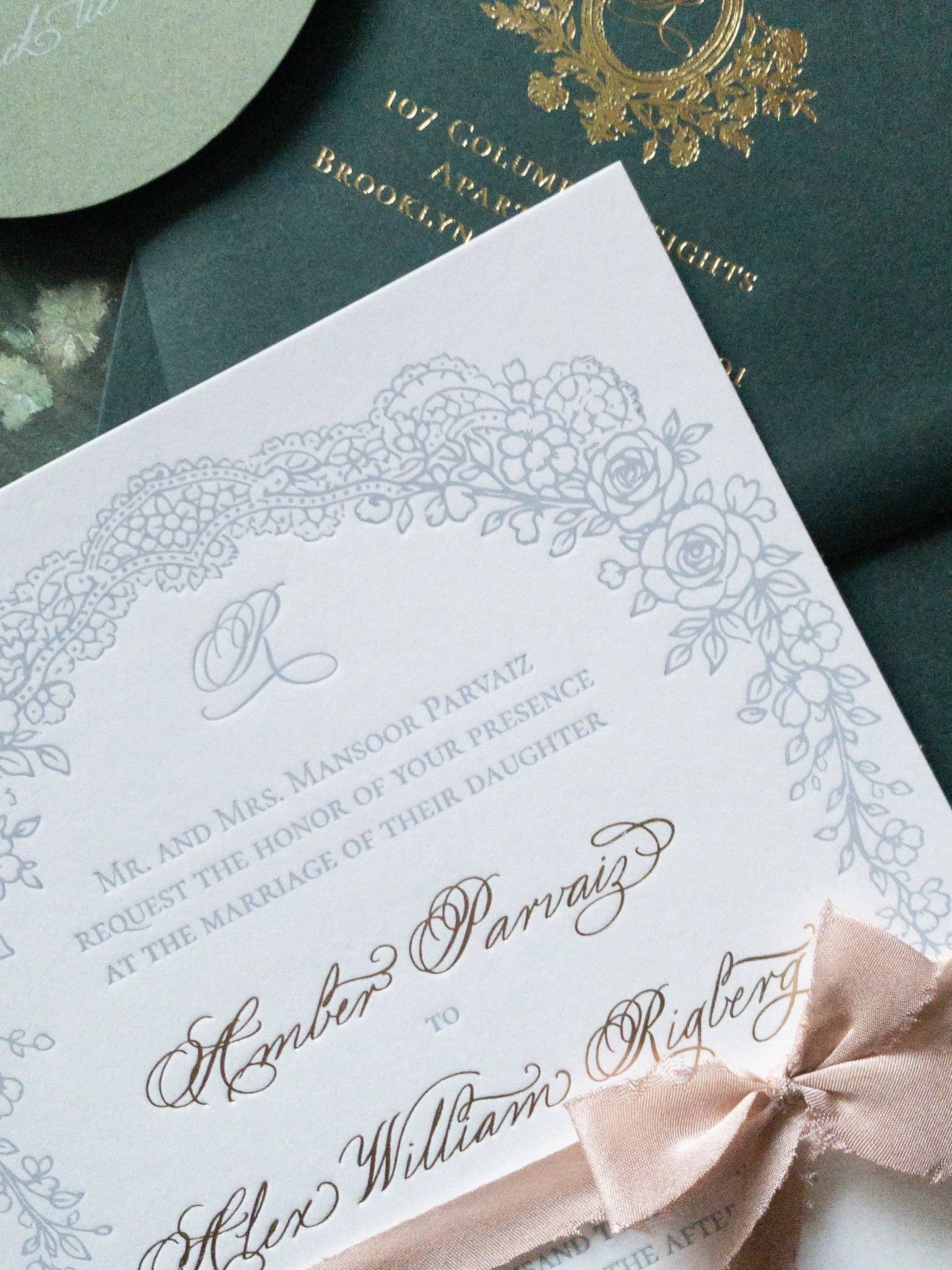 I&rsquo;ve always believed the most beautiful details are the ones you discover slowly.

This suite was foil pressed in the softest matte grey, creating a floral frame that feels more like an antique illustration than metallic embellishment. No shine