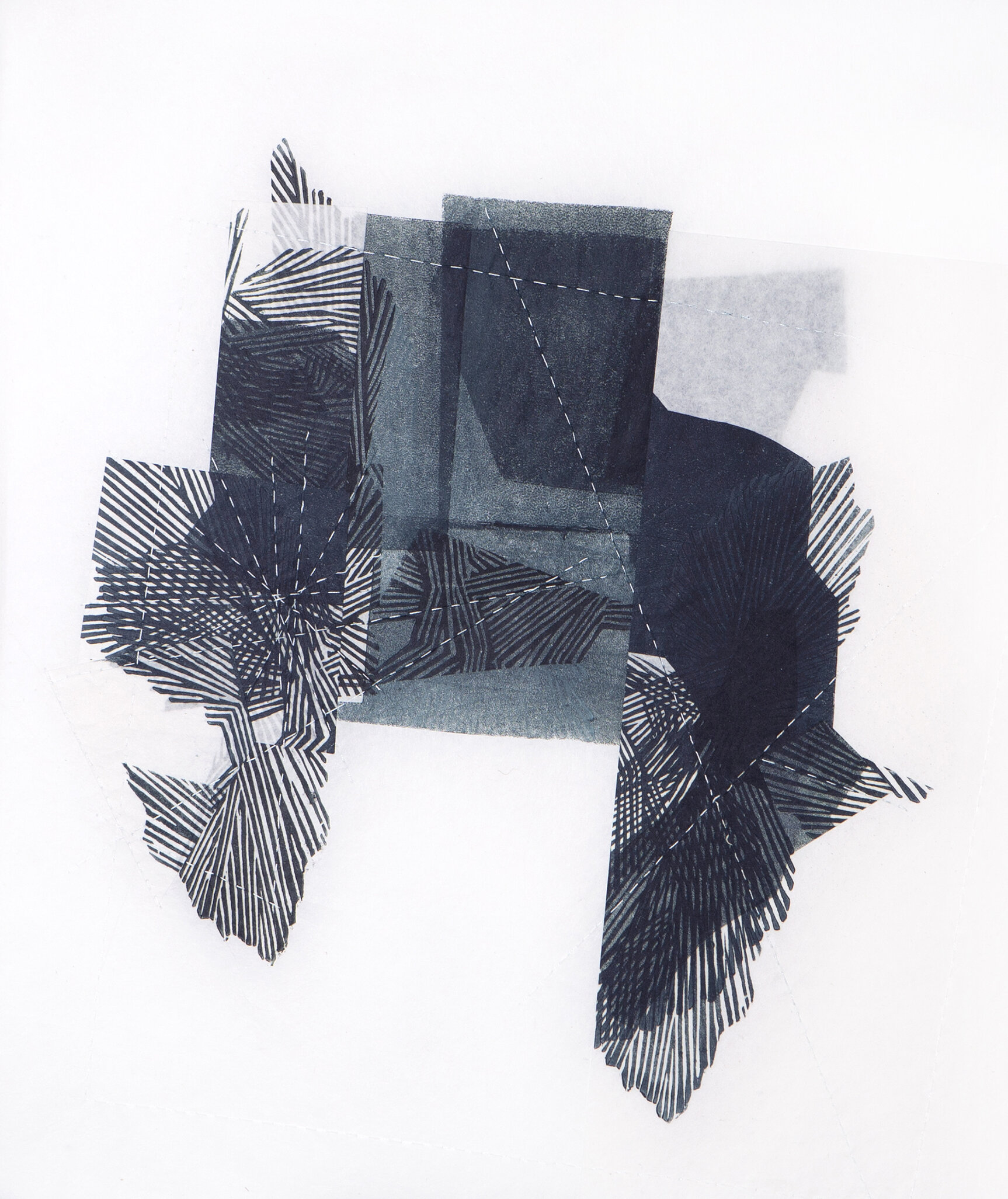   Broken Geometries  2019 Woodcut Monoprint Cotton Stitching Industrial Filter Paper 22” X 21” 