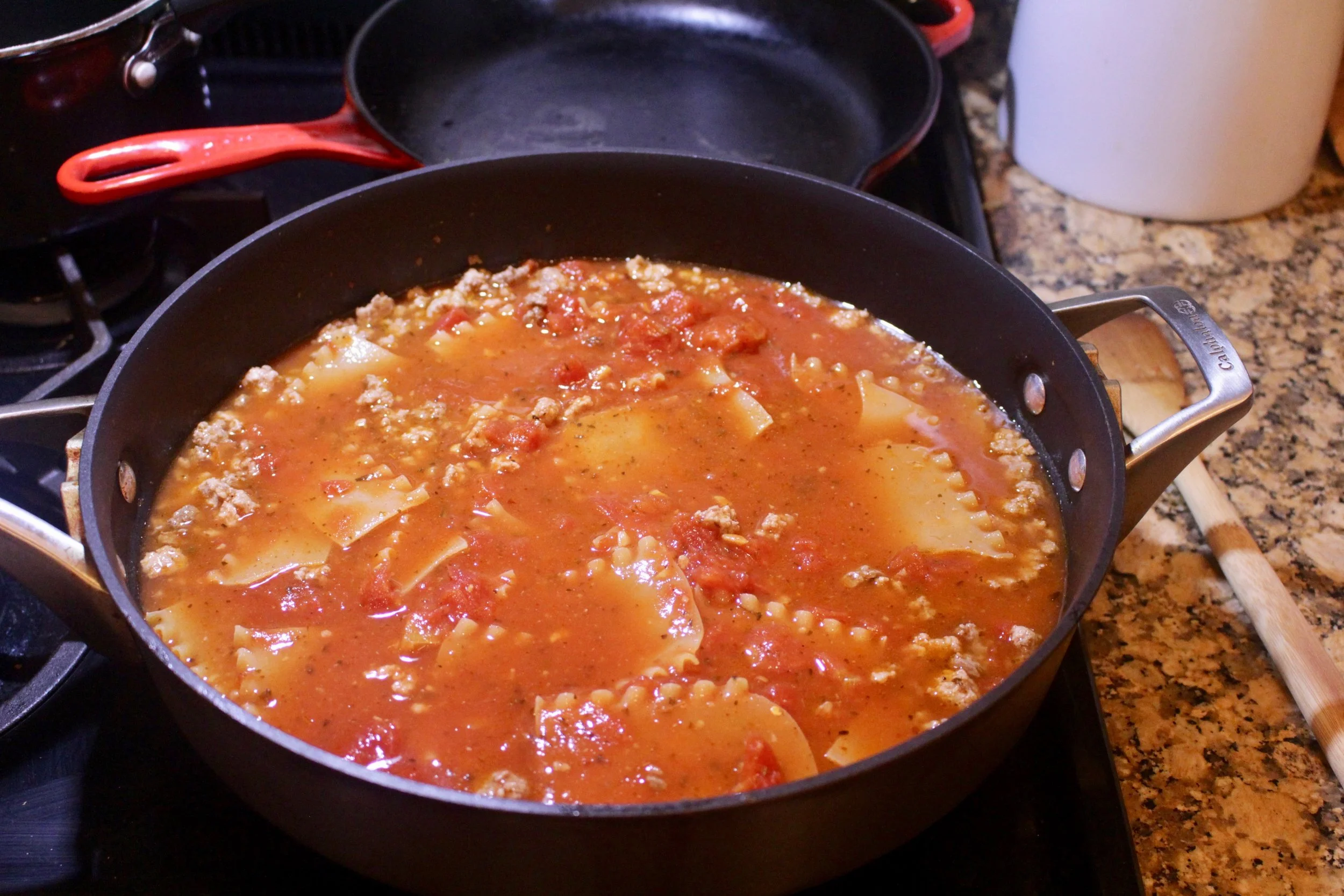 Make sure the noodles get submerged before you cover the skillet. And don’t forget to scrape the bottom every few minutes to remove sticky meat/noodles! I left dinner alone for too long while cooking the noodles earlier and the skillet is still soaking.