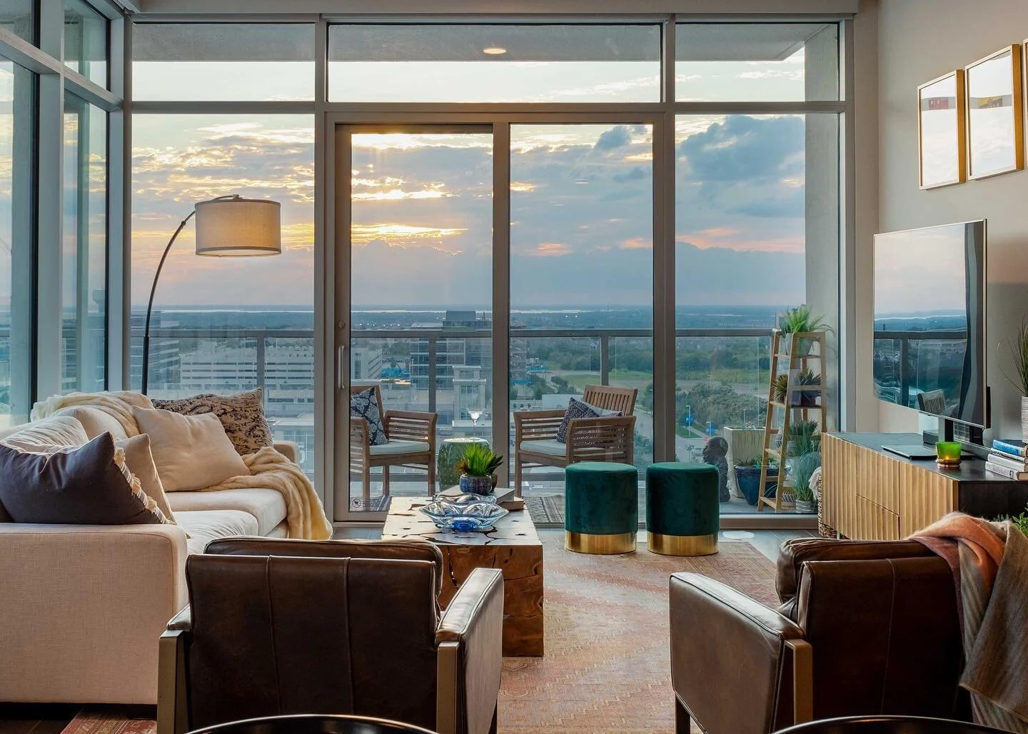 With views like this would you ever go back to the office? My newest client requested a boho chic aesthetic that wouldn&rsquo;t &ldquo;alienate&rdquo; her husband. We gave her exactly that with Restoration Hardware club chairs, velvet ottomans and lo