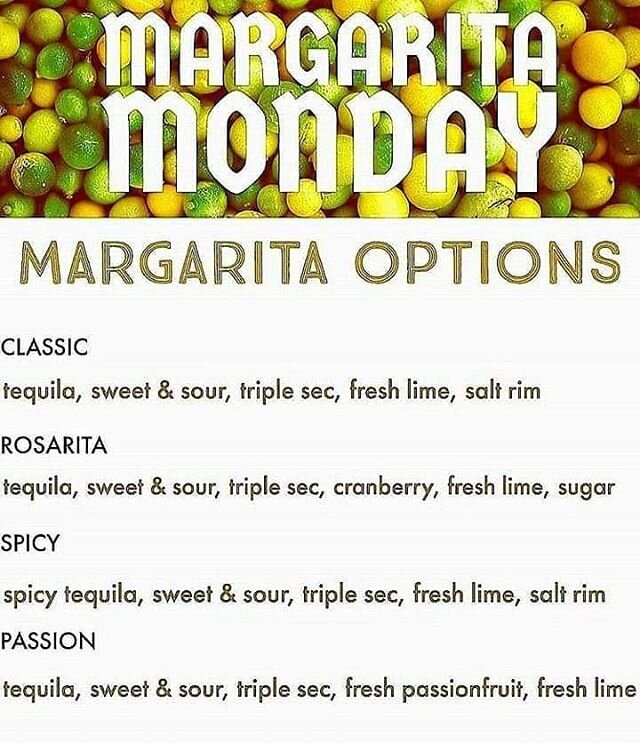 Margs! Margs! Margs! It's a beautiful sunny day after a mostly rainy, restricted weekend and it's 2x1 margaritas 12-4, THEN happy hour 4-6! 😱

Now that's a good Monday.

Plus movie night tonight from 7:30! 🍿