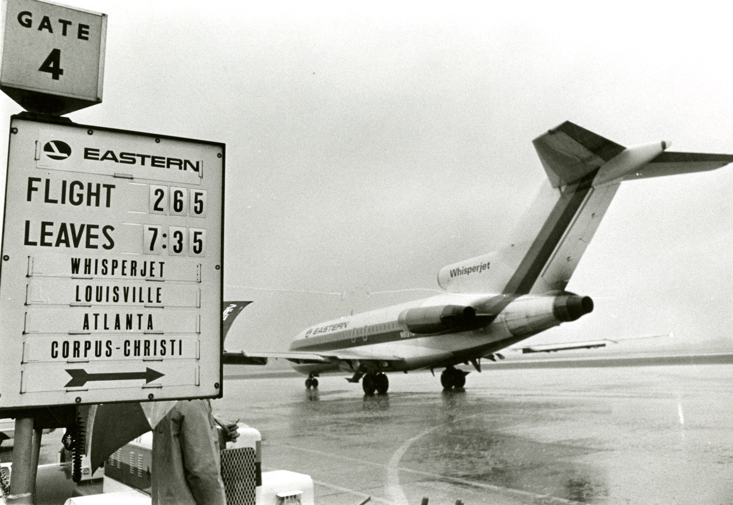 Regularly scheduled jet service commenced in Evansville with the landing and departure of an Eastern Airlines Whisperjet 727 on April 30, 1967. Collection of the Evansville Museum Gift of Kathie J. Meredith, Canadaigua, New York In Memory of the Evansville Press and its Photographers 2013.027.0018