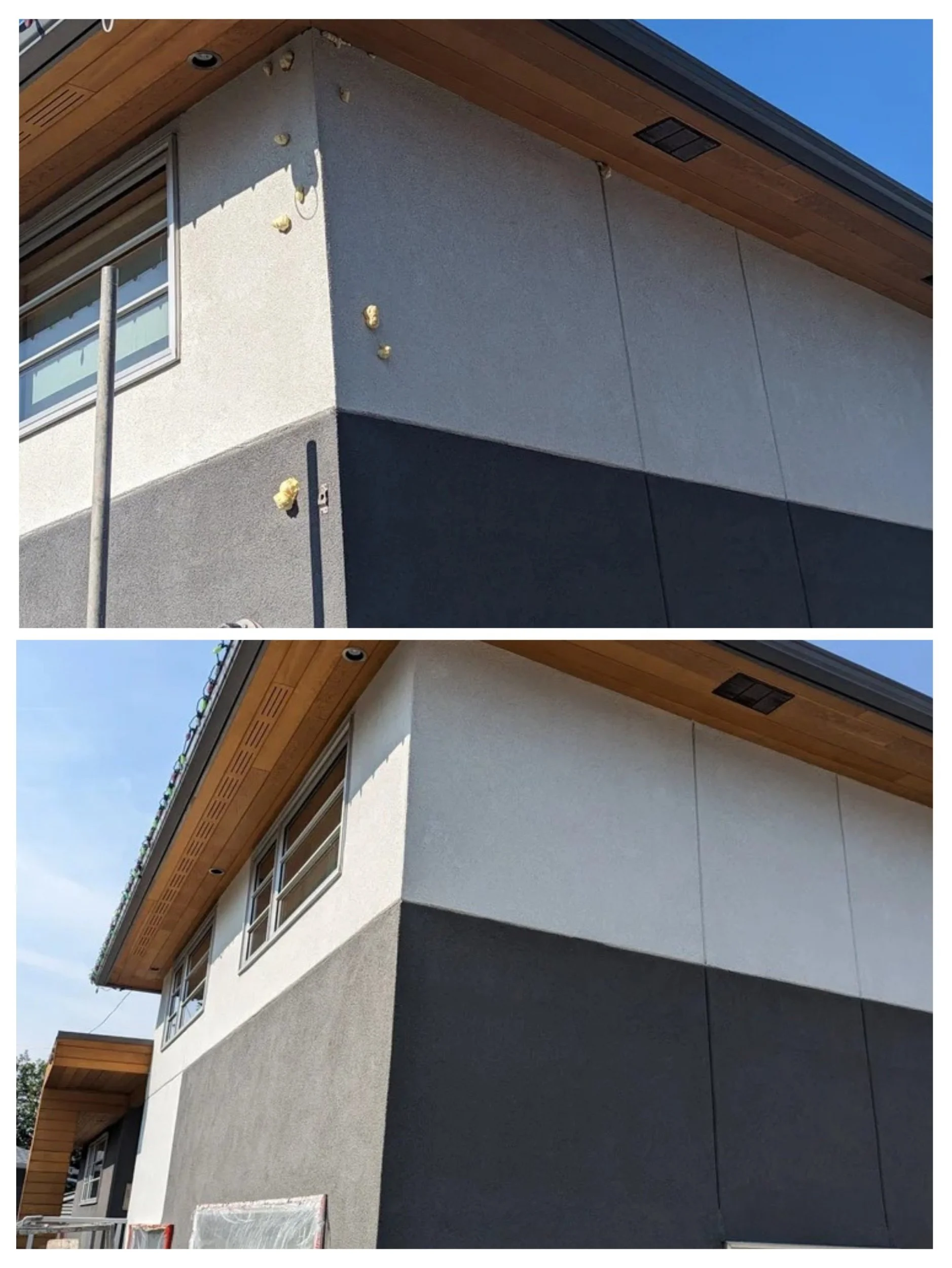 Before and after stucco wall repair woodpecker damage in Calgary