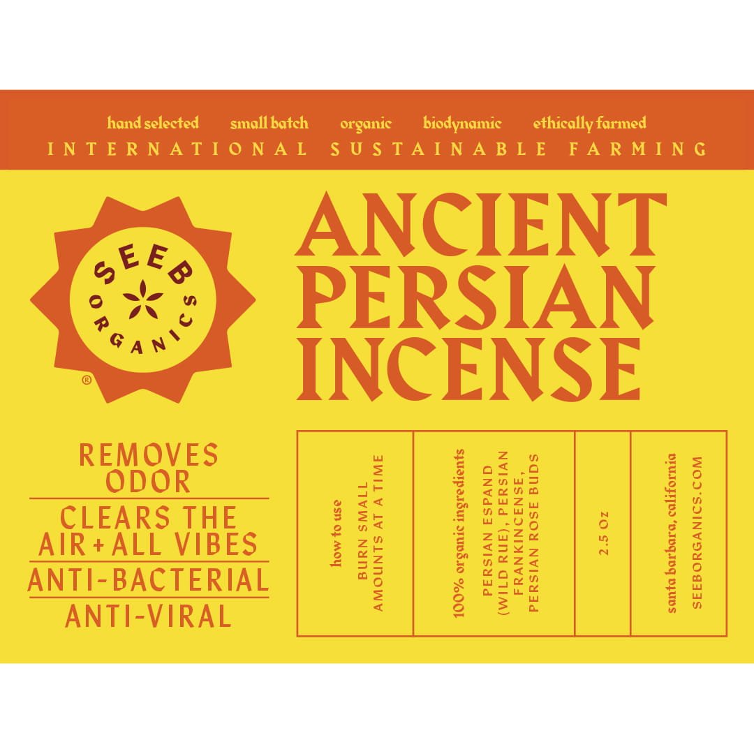 Label for Wild + Sustainable Ancient Traditional Incense Commonly called wild rue/Syrian rue, with a woody underground root-stock