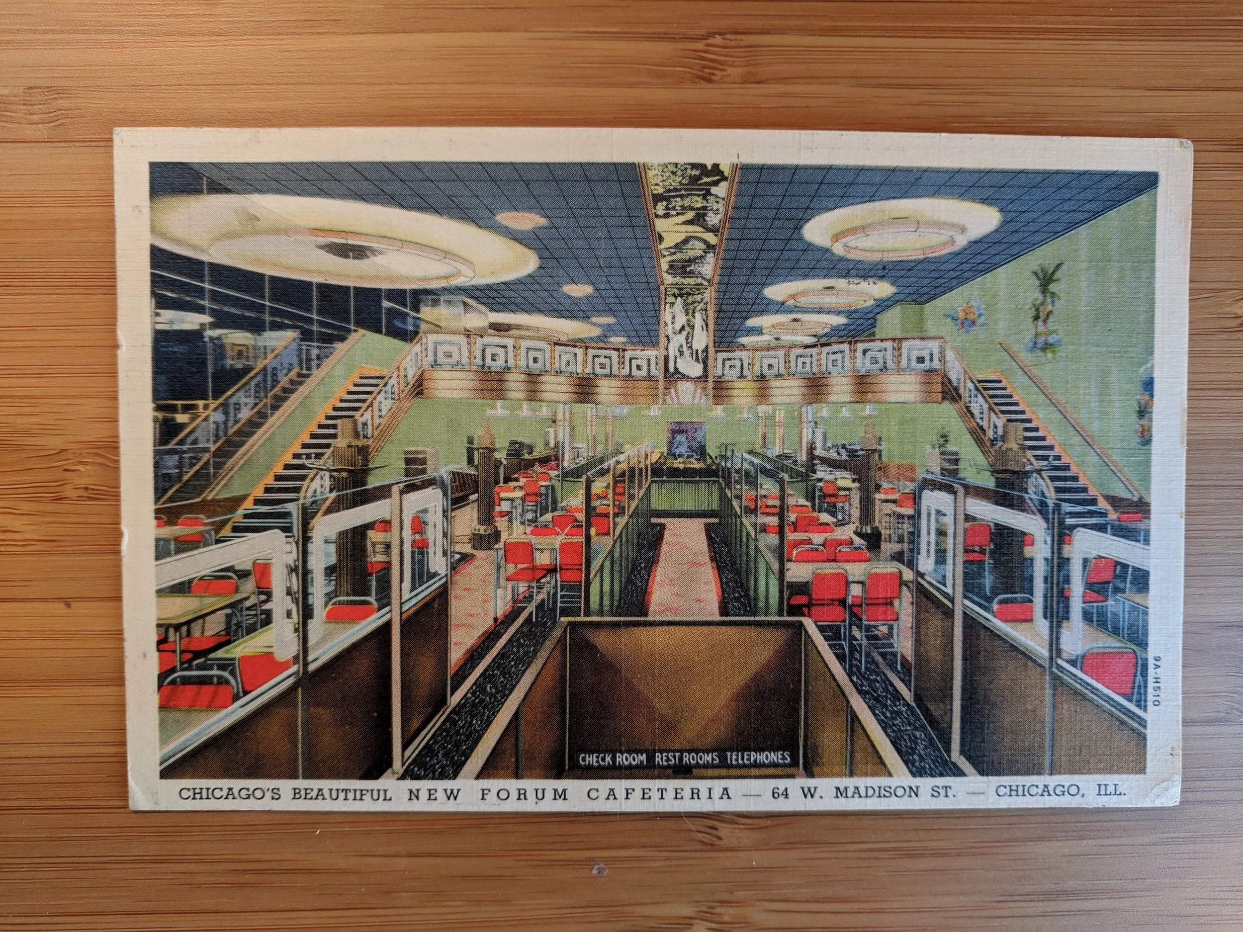 Postcard depicting the New Forum Cafeteria, Chicago, 1943. Reverse states “One of the most beautiful cafeterias in America. Dine in an atmosphere of salon luxury at reasonable prices”