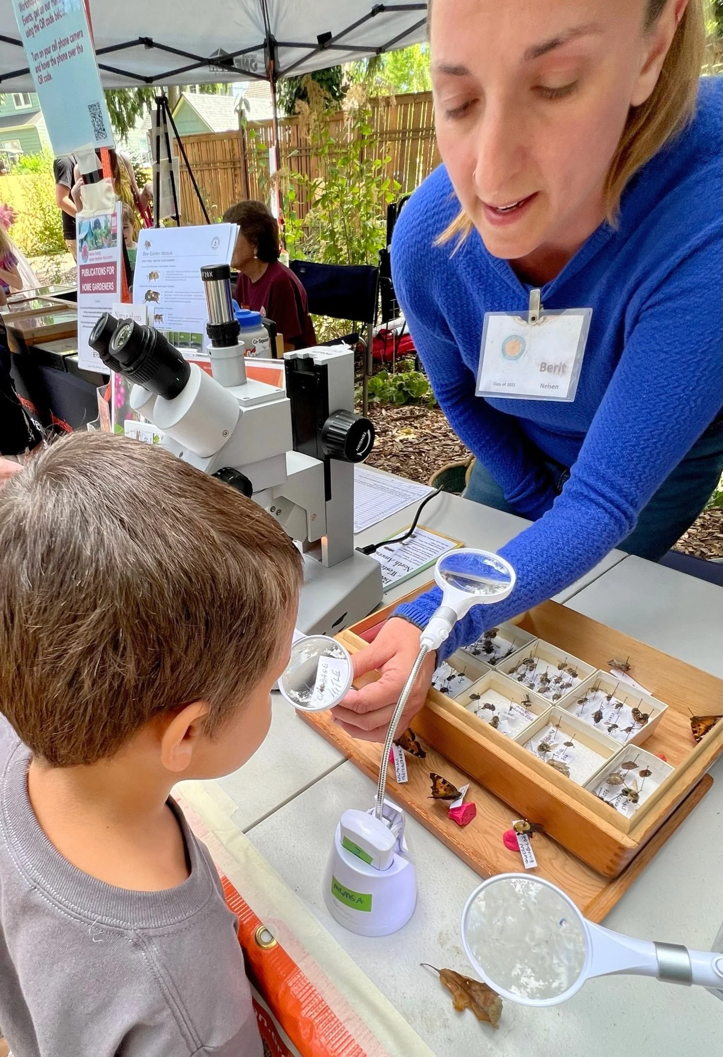Discover many pollinators. Look at a bee under a microscope with Marion County Master Gardeners