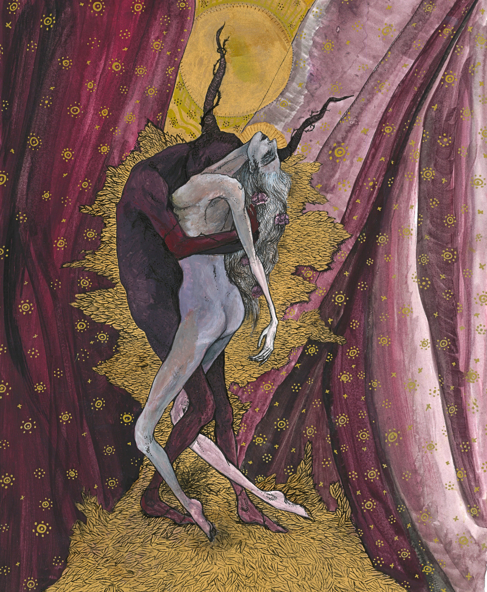 For your hair was full of roses, and my flesh was full of thorns, Leigh Anita, Gouache, Ink + Gold Leaf, 2017. 