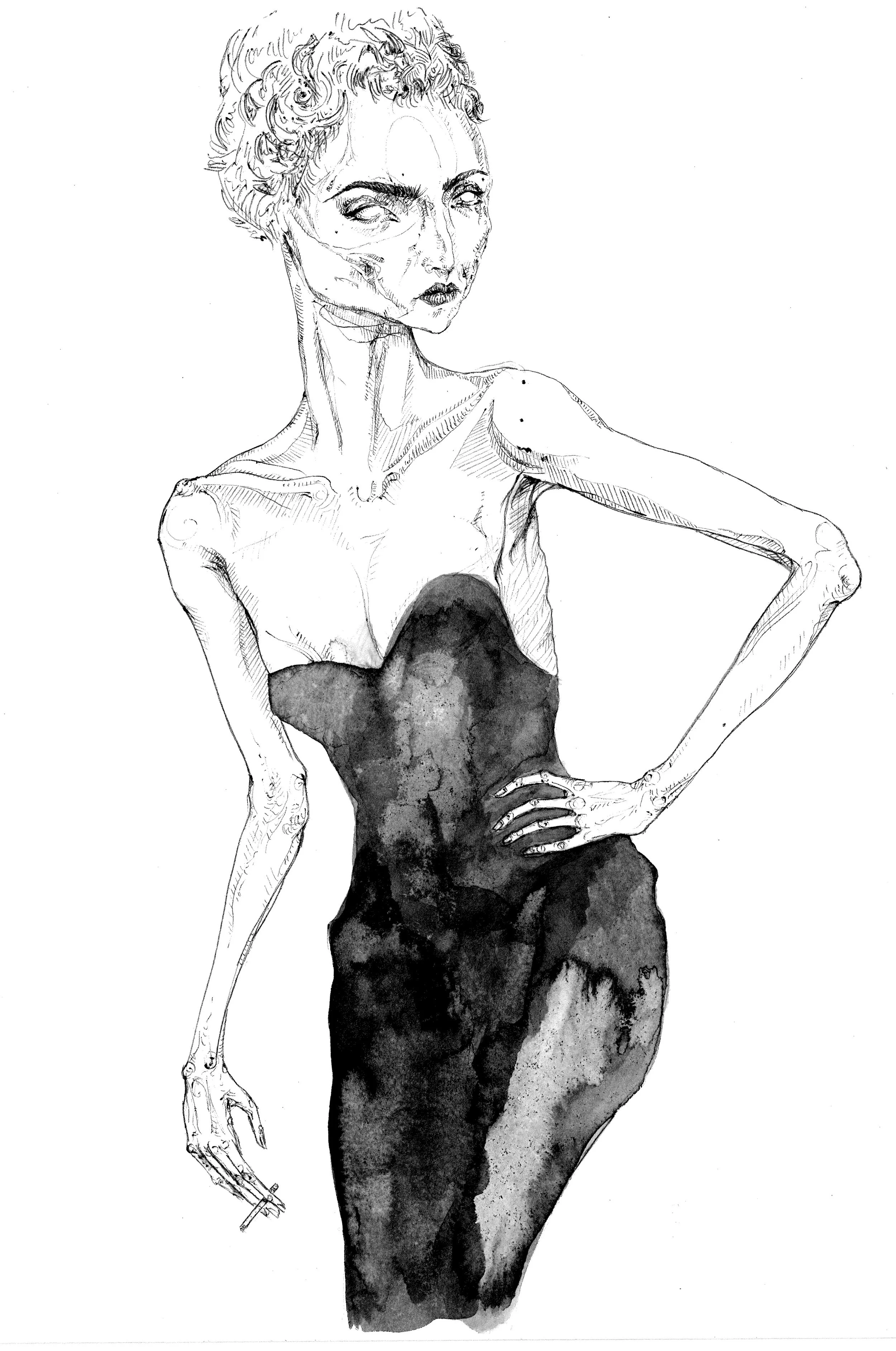 Woman With A Cigarette, Leigh Anita, Pen + Ink, 2018.