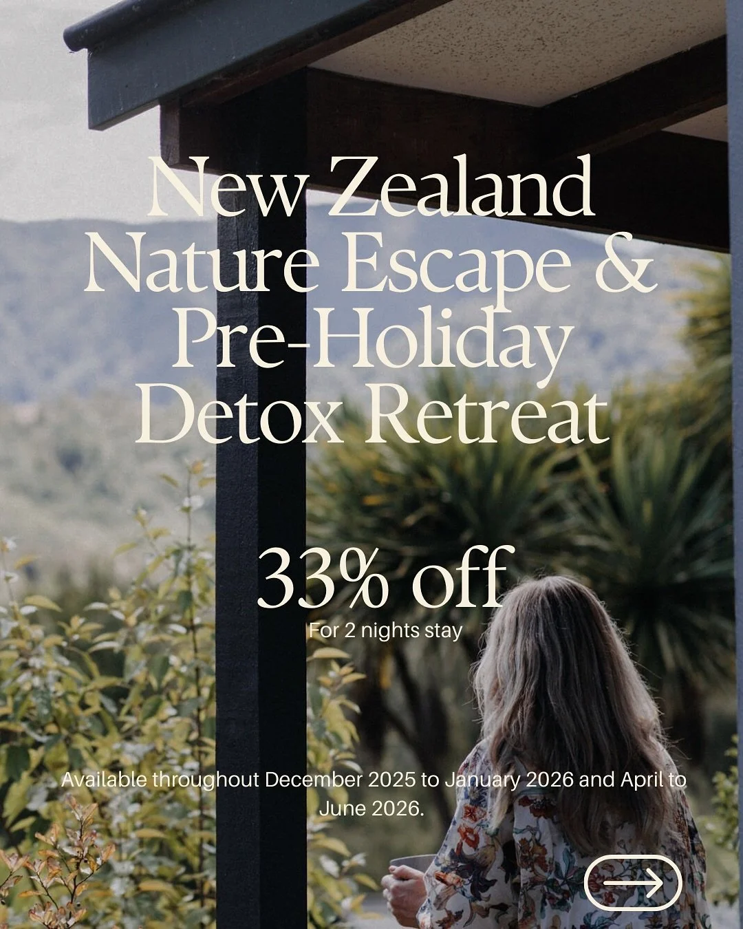 Your escape is waiting.
&nbsp;33% OFF 2-Night Nature Escape
Give yourself a pre-holiday reset &mdash; or a post-holiday detox..
Stay 2 nights at Maruia River Retreat and soak in pure NZ nature, forest wellness, and slow luxury..

Stay from December 2
