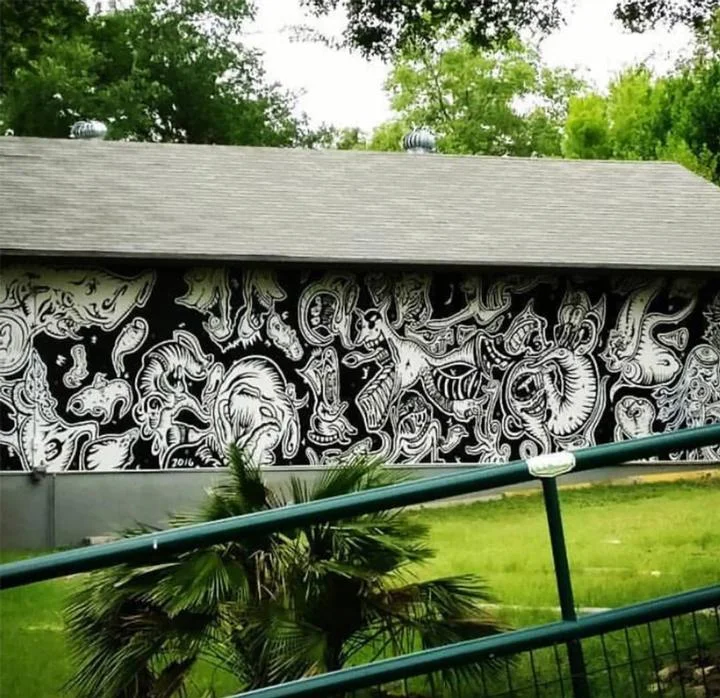 “Turvy Whee,” Austin, TX - 2016. Oil on wood. 9 ft x 60 ft.