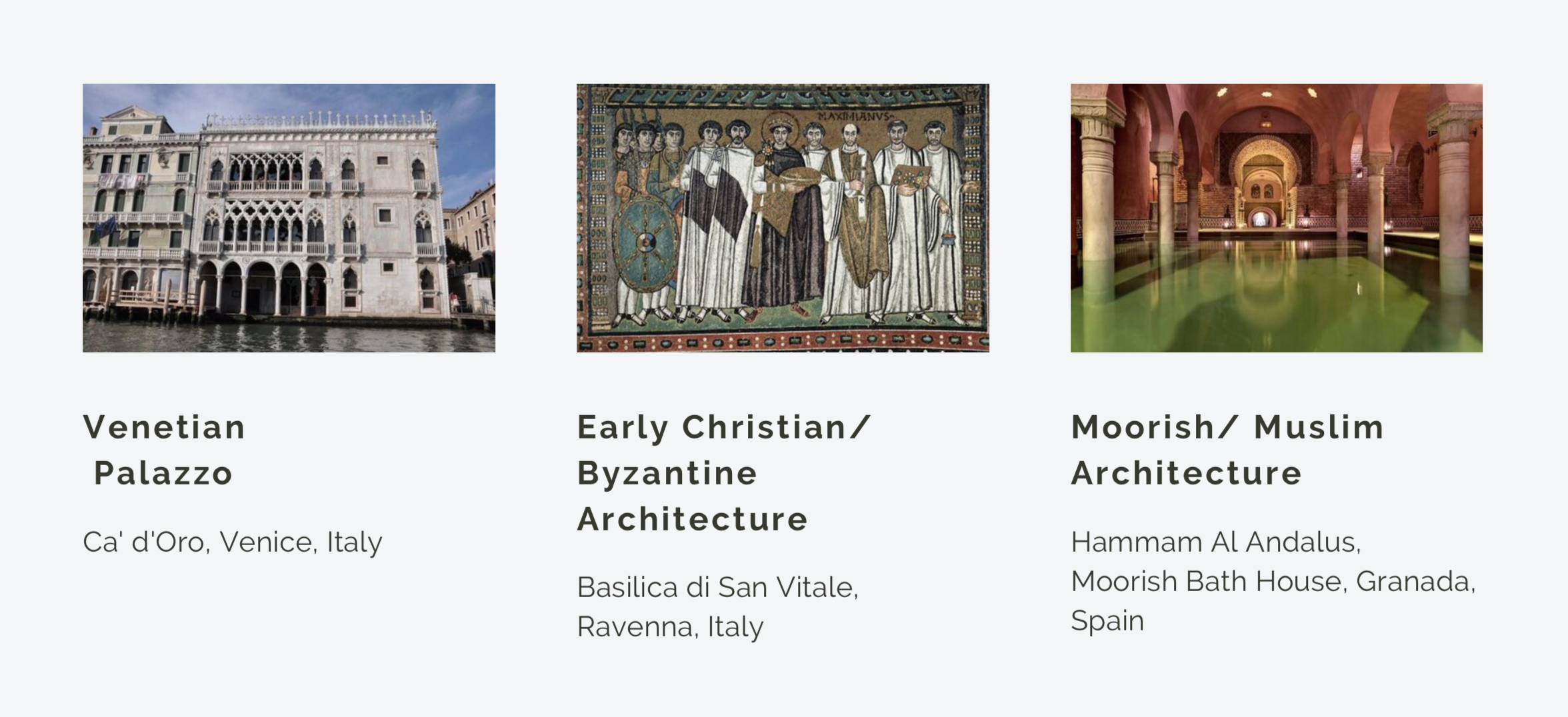 Sources of inspiration. The goal was to create an environment, inspired by the architectural fabric of Mediterranean cultures, that transports participants to a peaceful place of meditation and reflection.