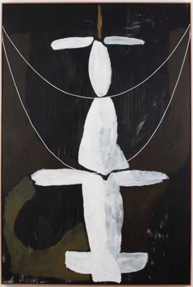 Lottie Consalvo, Stones fall faster than water and I will always love you, 2016, acrylic, charcoal, beads and plaster on board.