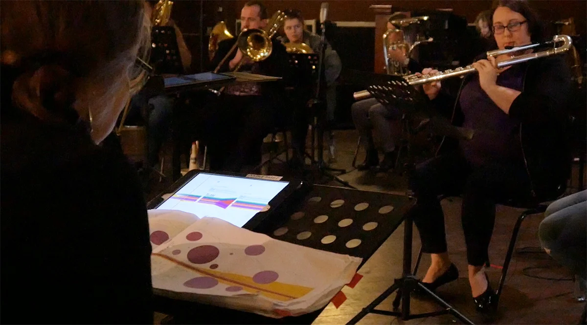Cat Hope and score for Speechless workshop, photo courtesy Tura New Music