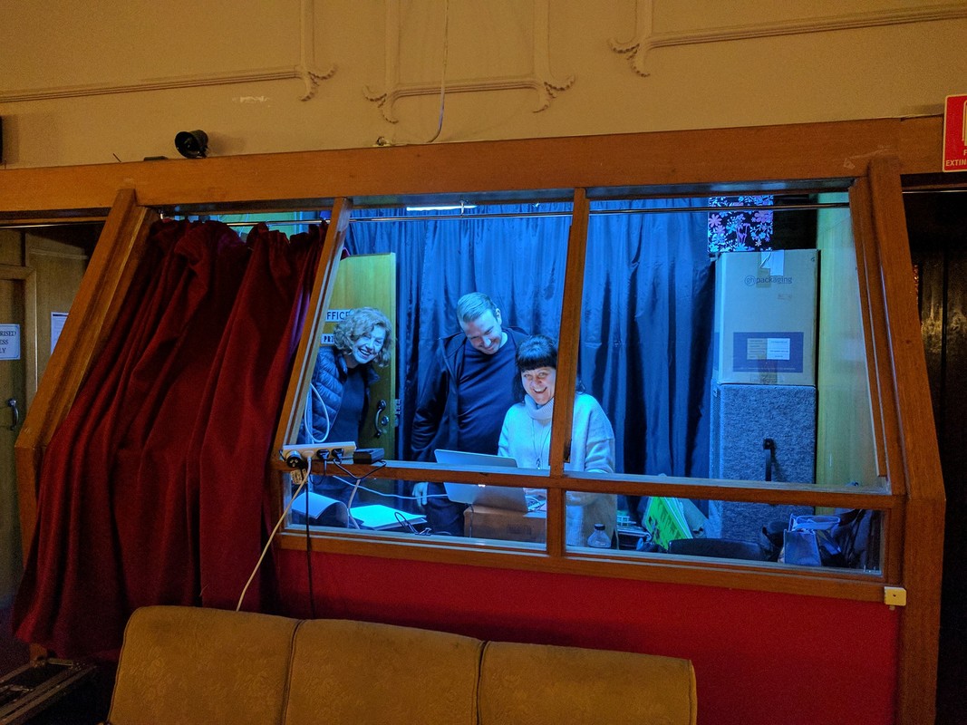 Our producer from Tura, Annalisa, with videographer Deborah May and cellist Tristen Parr in 'the booth'.