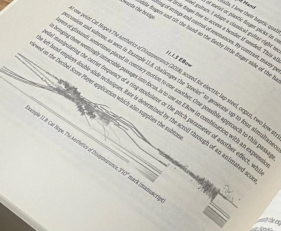 Thrilled to have a score excerpt included in Daryl Buckley's section on ebowing lap steel in this incredibly comprehensive book on electric guitar technique by @sethjosel and Michelle Lou for @baerenreiter - along side some excellent company. Good to