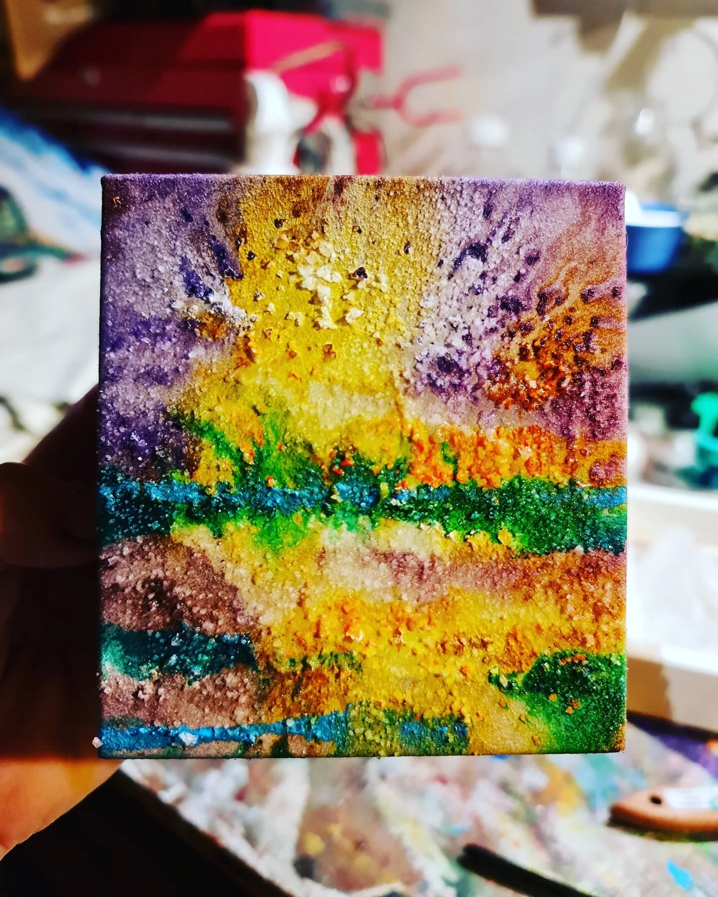 a mini painting it's still wet but it changes after it dries and settles down. I will post another picture tomorrow. pop back to see the difference.
#blackoutmaterial #inkandsaltexperiments #wetpaint #evolingimage #abstractsky #welshart #celf #canyou