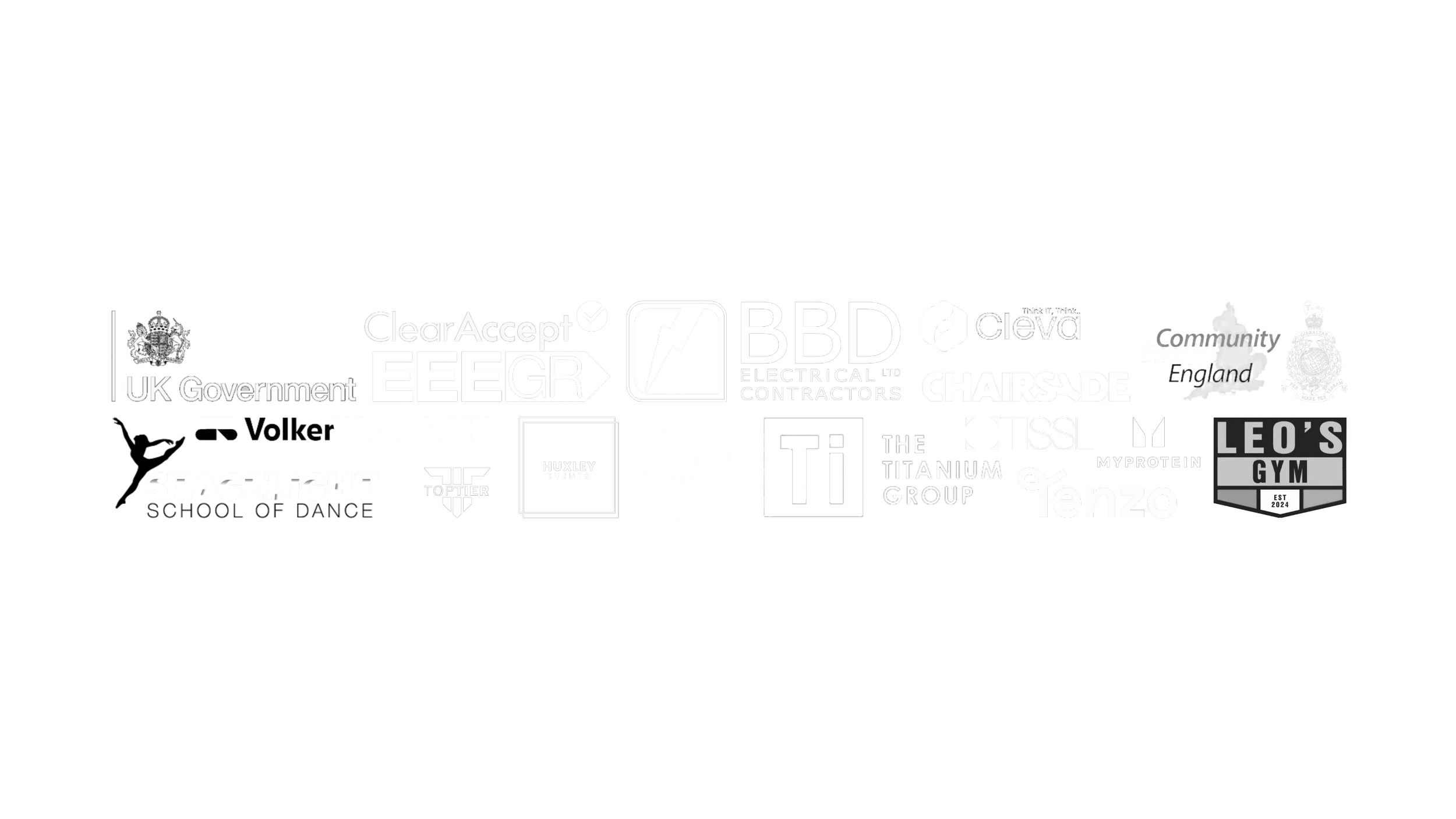 A collage of various company logos including UK Government, ClearAccept, EEGR, BBD Electrical Contractors, Cleva, community Energy England, Leo's Gym, StageLight, TopTier, Huxley Events, The Titanium Group, Tenzo, and others, arranged in a grid pattern on a black background.