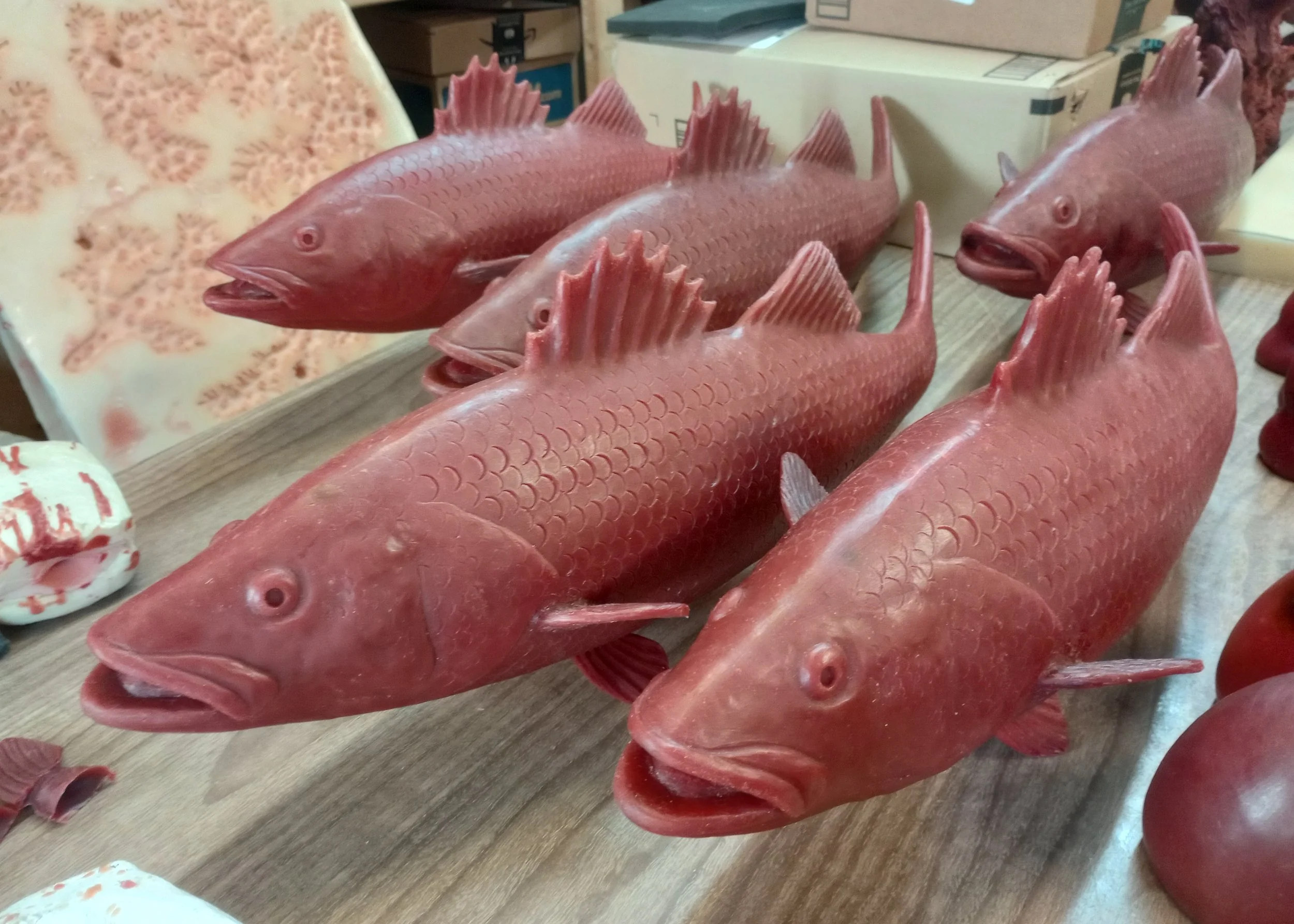  The casting of the 9 stripers in aluminum was done at the Green Foundry in Eliot /Maine.   This image depicts the wax casts before dipping in clay to create the cast molds. 
