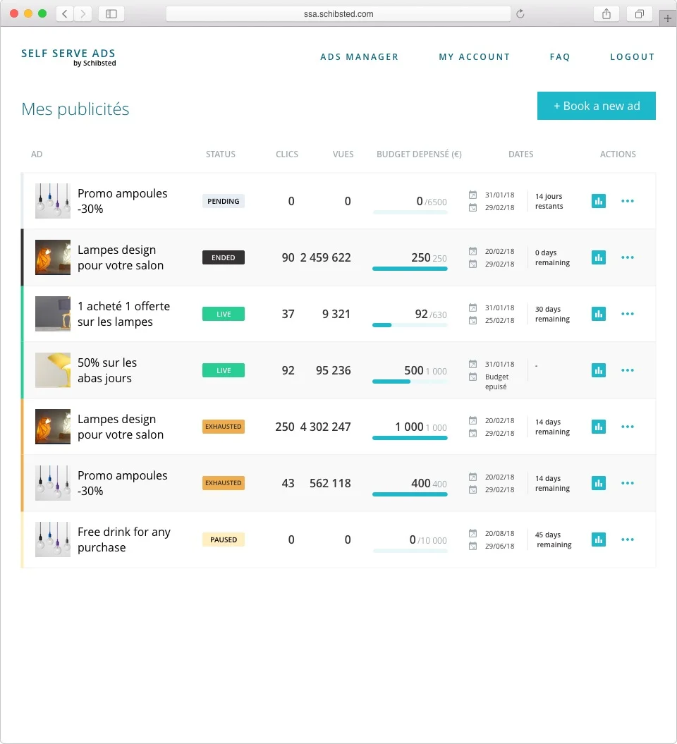 7. Ads manager Manage your ads, pause, duplicate, see your ad live on your selected publisher or create a new ad.