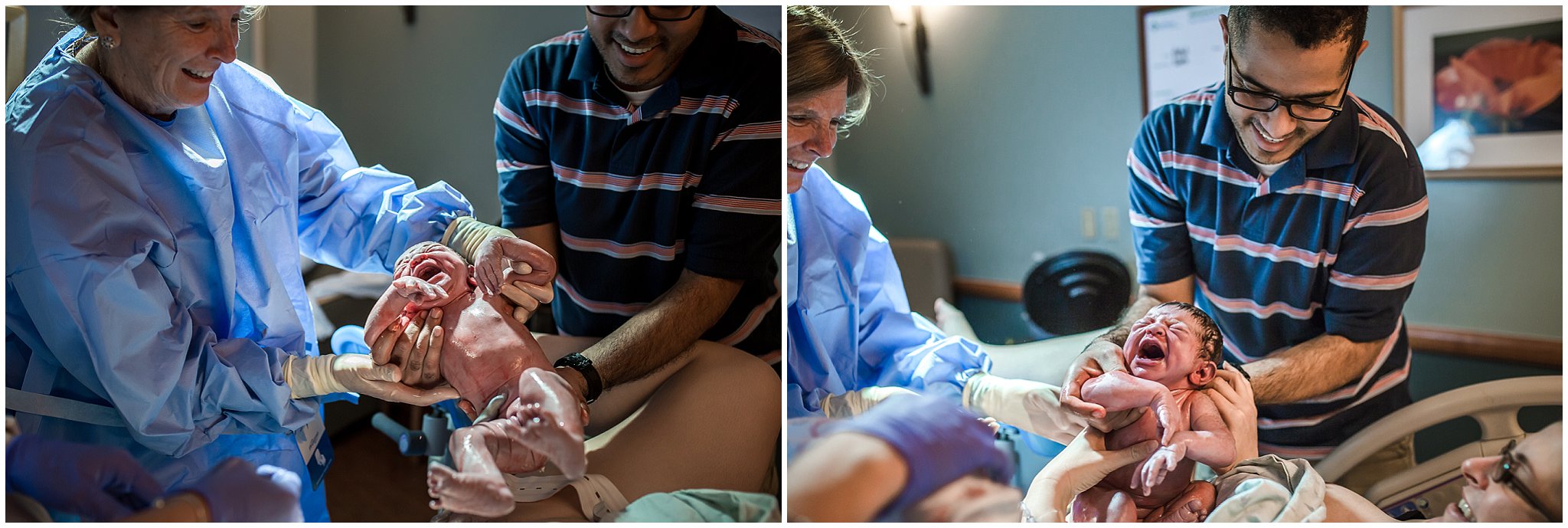 Father at Lutheran Hospital Labor and delivery catches his own baby with the midwife