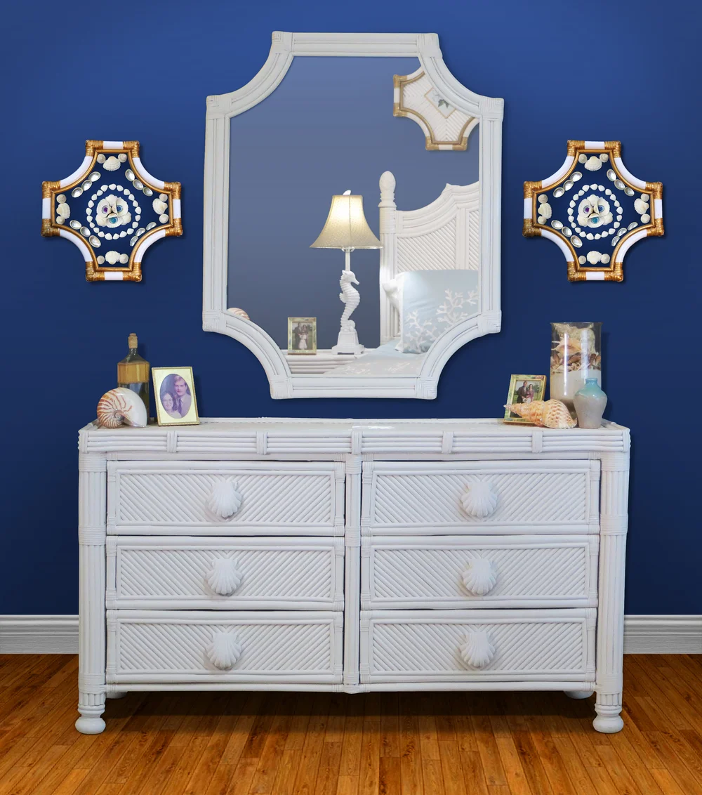 blue wicker dresser Kalea Coastal Beach Blue Woven Rattan 9 Drawer Dresser