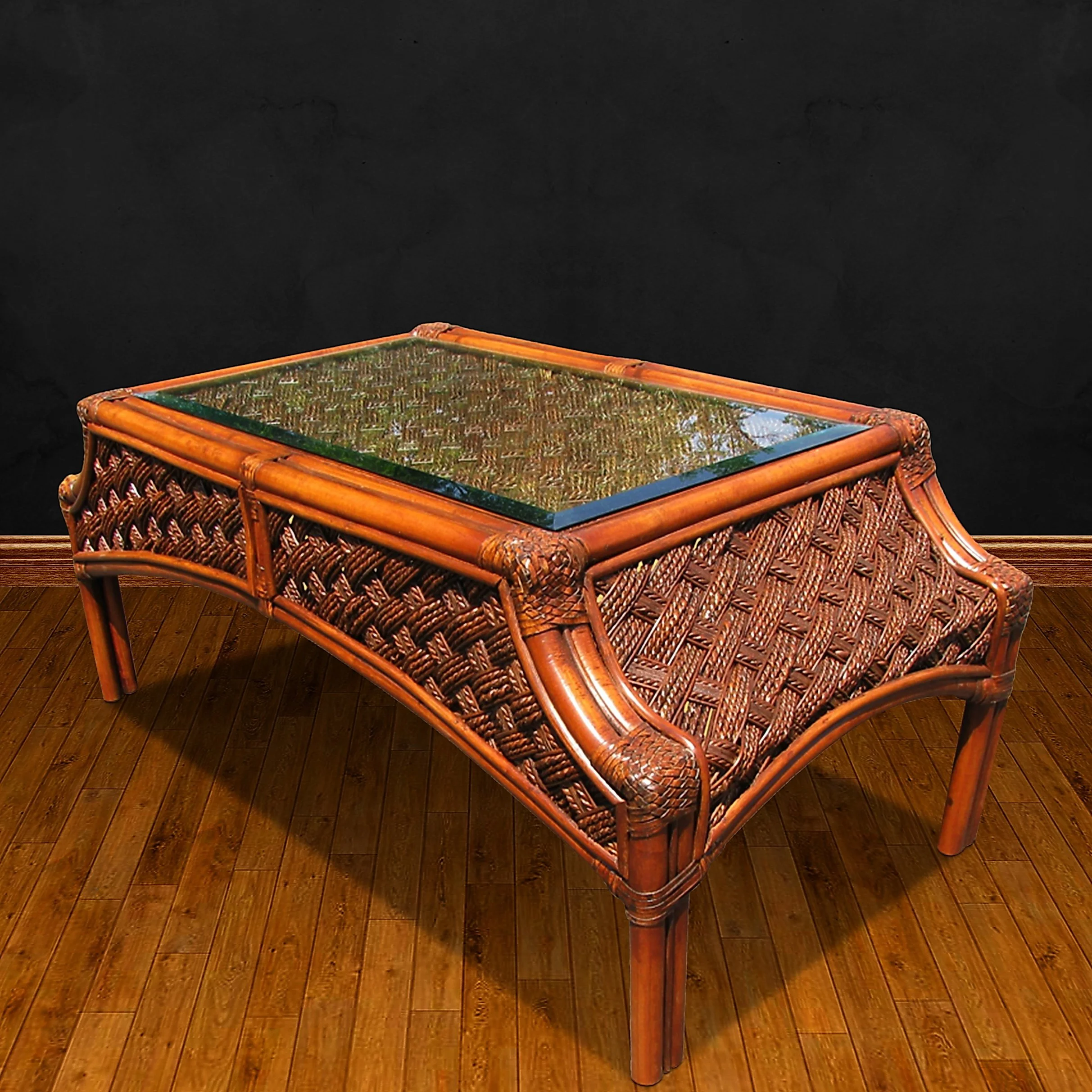 MAUNA LOA COFFEE TABLE BROWN UPGRADE REMOVED PLANT BLACK WALL.JPG