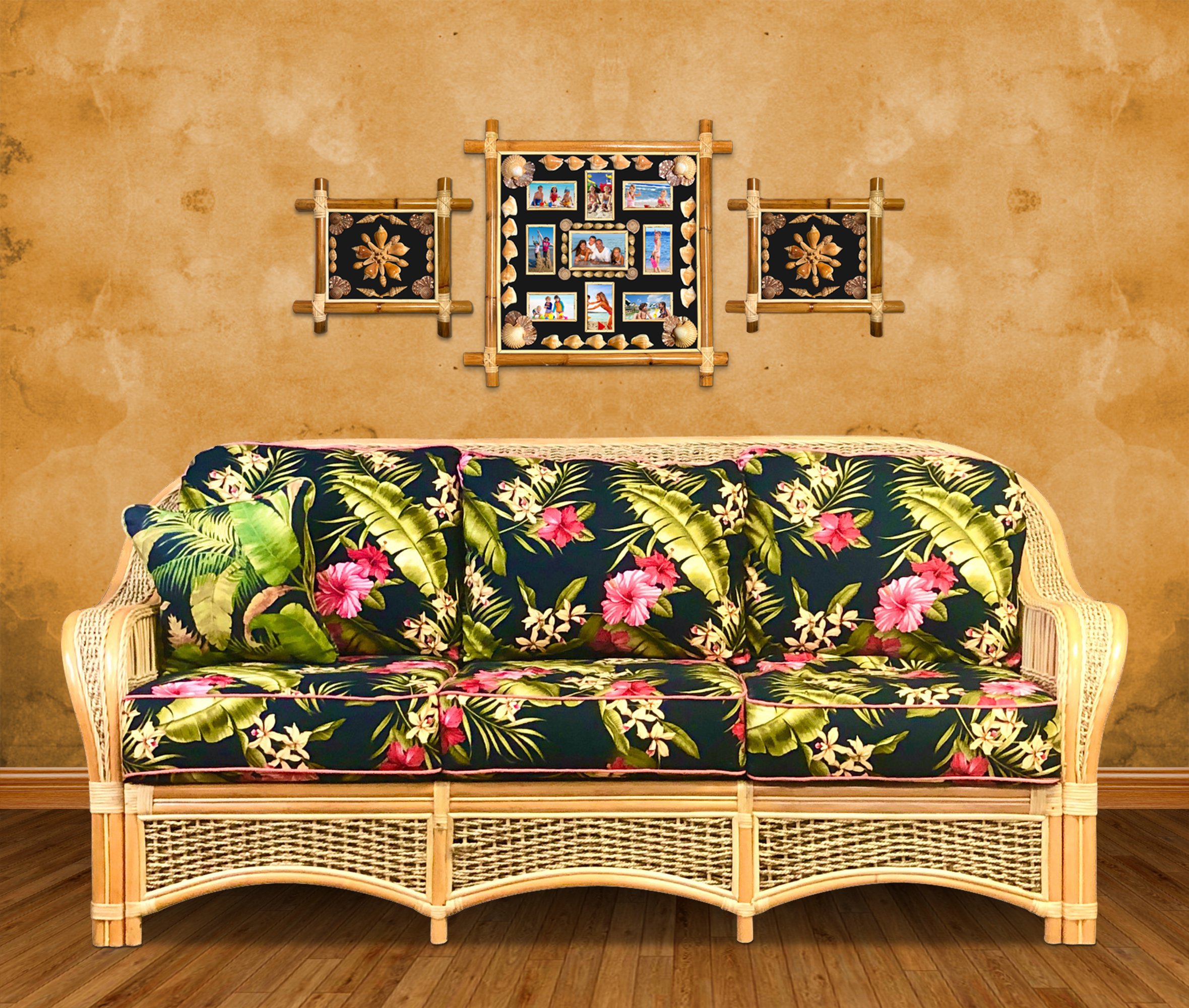 20X20 SHELL ART WITH FAMILY PHOTOS COMBO DESIGN 78 AND 65 OVER SOFA.JPG