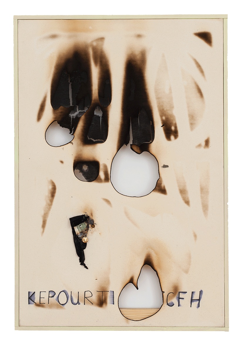  Sung #5, 2011. 80 x 55 cm  perfume and fire on canvas w/ effigy and artist frame 